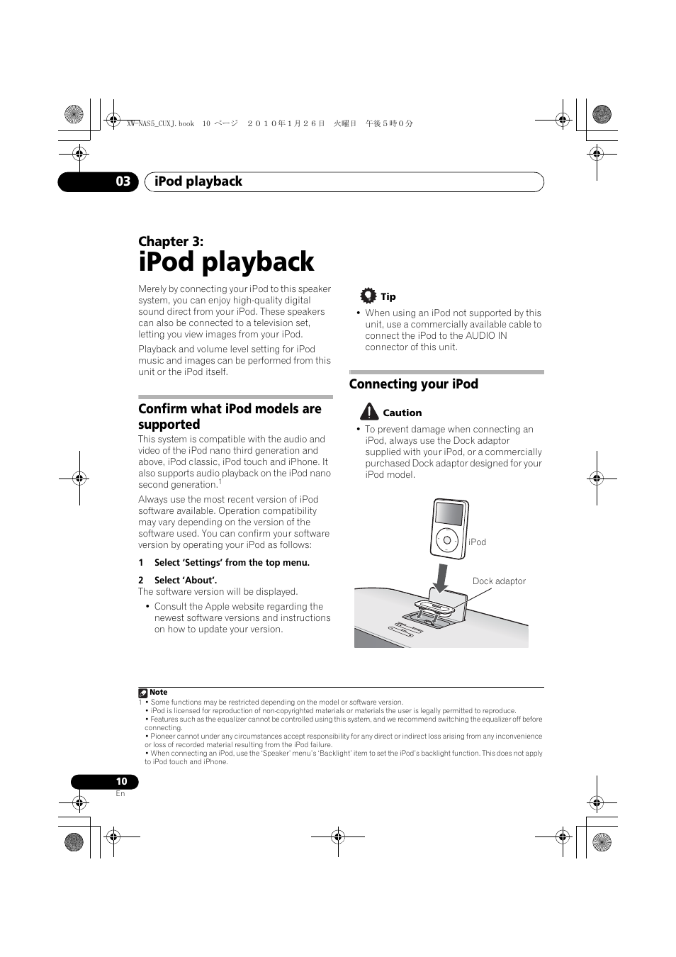 03 ipod playback, Confirm what ipod models are supported, Connecting your ipod | Ipod playback, Ipod playback 03, Chapter 3 | Pioneer XW-NAS5 User Manual | Page 10 / 80