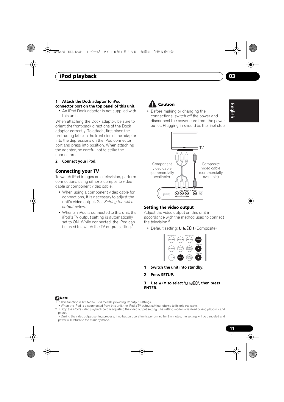 Connecting your tv, Ipod playback 03, Setting the video output | Pioneer XW-NAS5 User Manual | Page 11 / 80