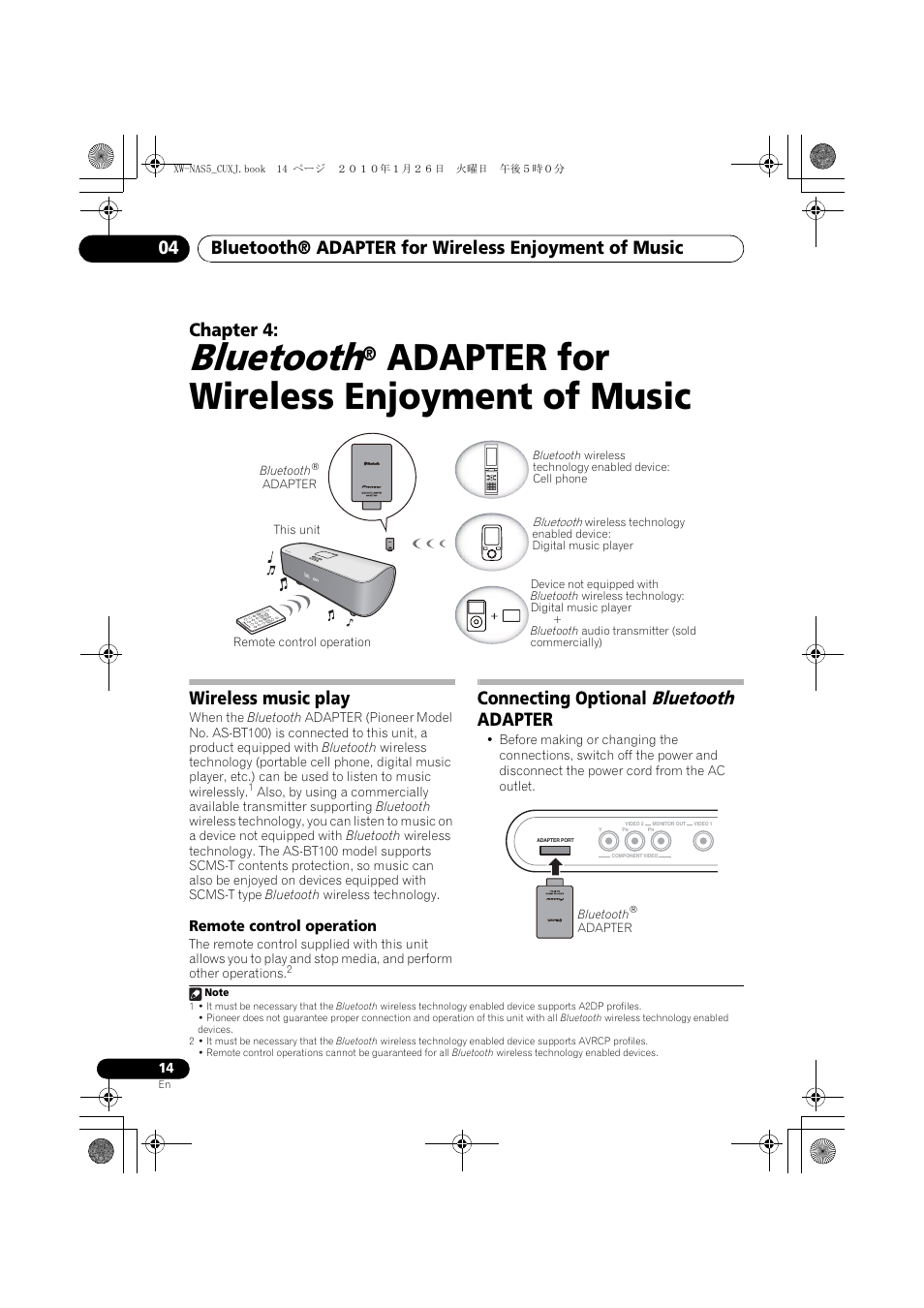 Bluetooth, Adapter for wireless, Enjoyment of music | Wireless music play, Remote control operation, Connecting optional bluetooth adapter, Adapter for wireless enjoyment of music, Chapter 4, Connecting optional, Adapter | Pioneer XW-NAS5 User Manual | Page 14 / 80