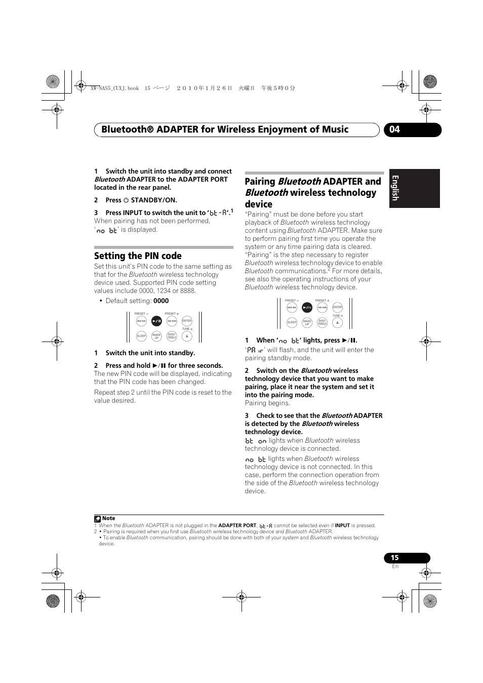 Setting the pin code, Bluetooth, Pairing | Adapter and, Wireless technology device | Pioneer XW-NAS5 User Manual | Page 15 / 80