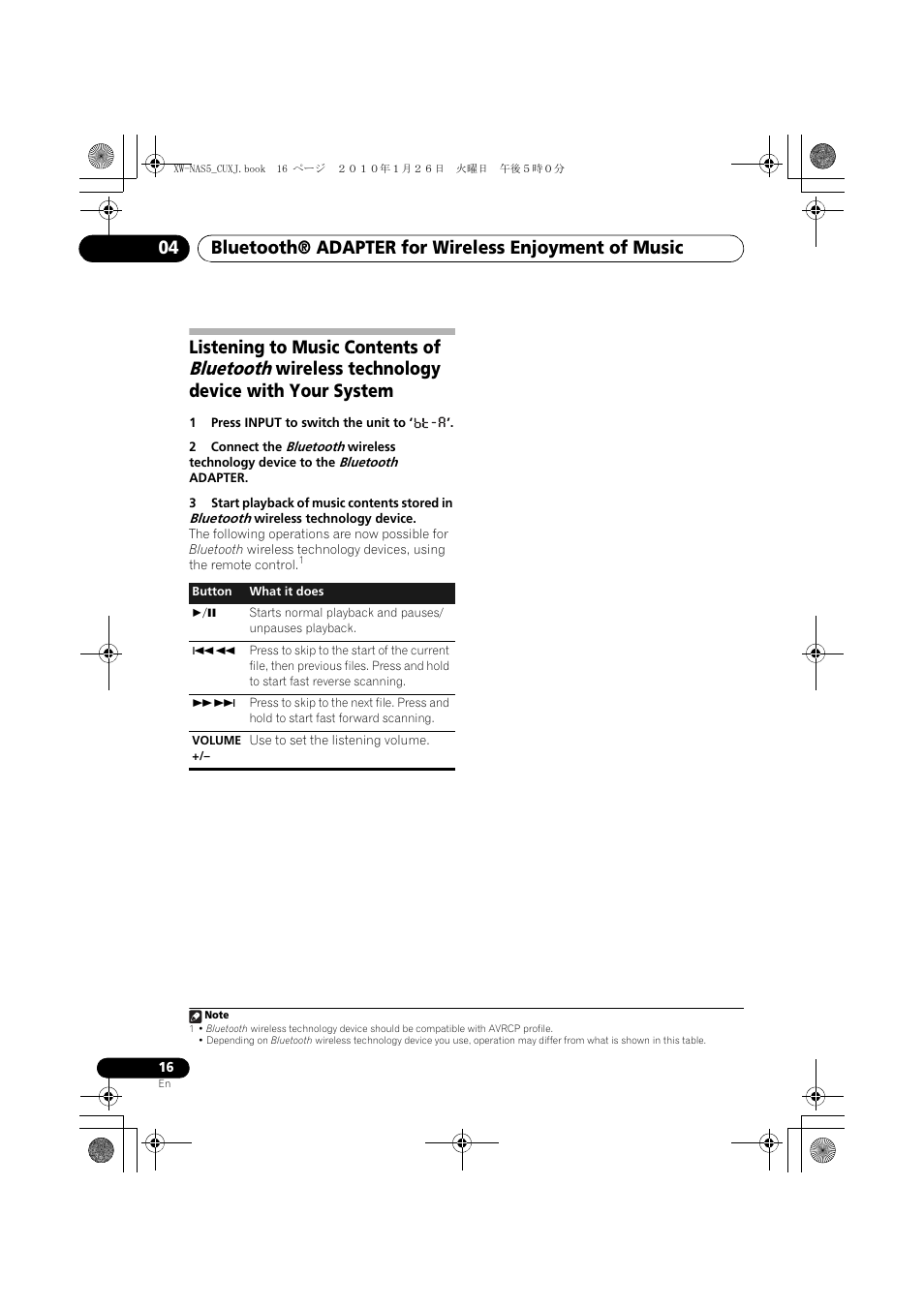 Bluetooth, Listening to music contents of, Wireless technology device with your system | Pioneer XW-NAS5 User Manual | Page 16 / 80