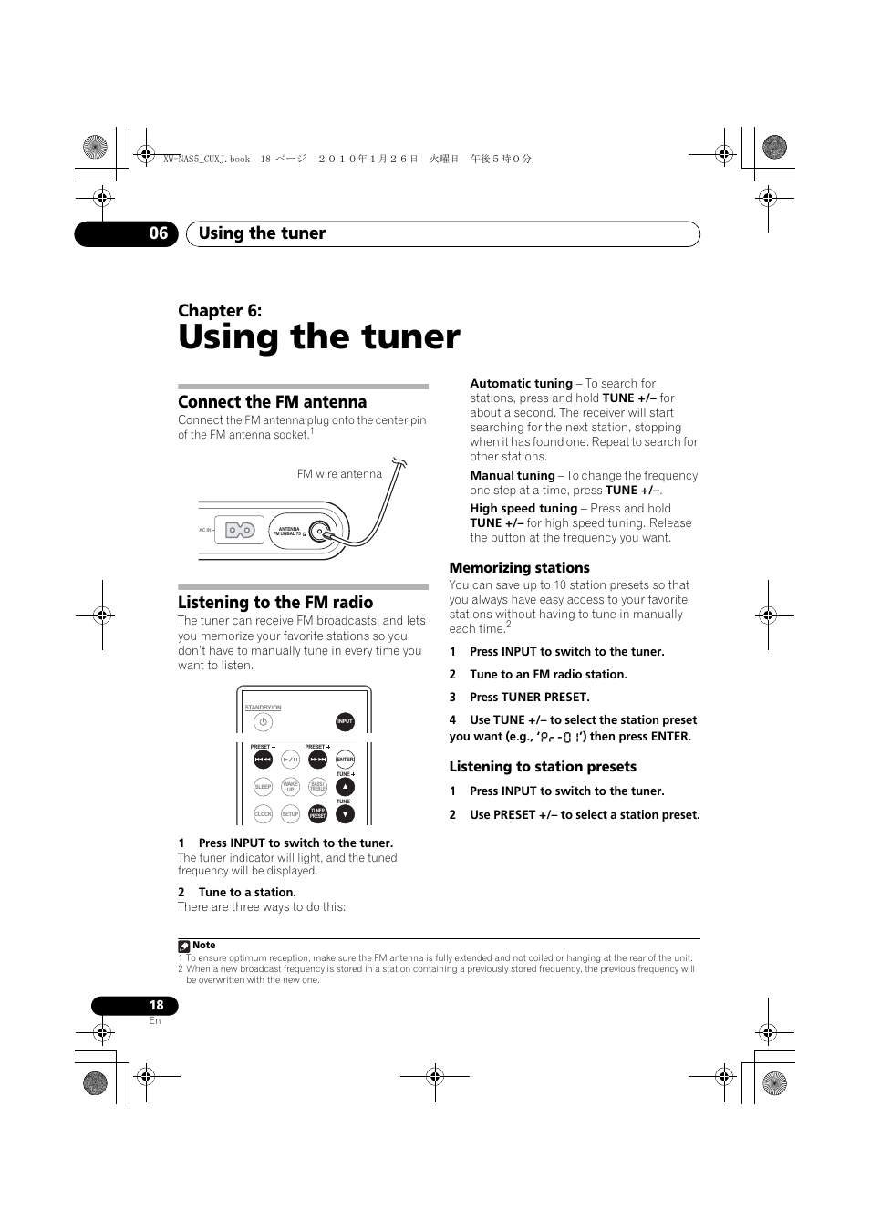 06 using the tuner, Connect the fm antenna, Listening to the fm radio | Memorizing stations, Listening to station presets, Using the tuner, Using the tuner 06, Chapter 6 | Pioneer XW-NAS5 User Manual | Page 18 / 80