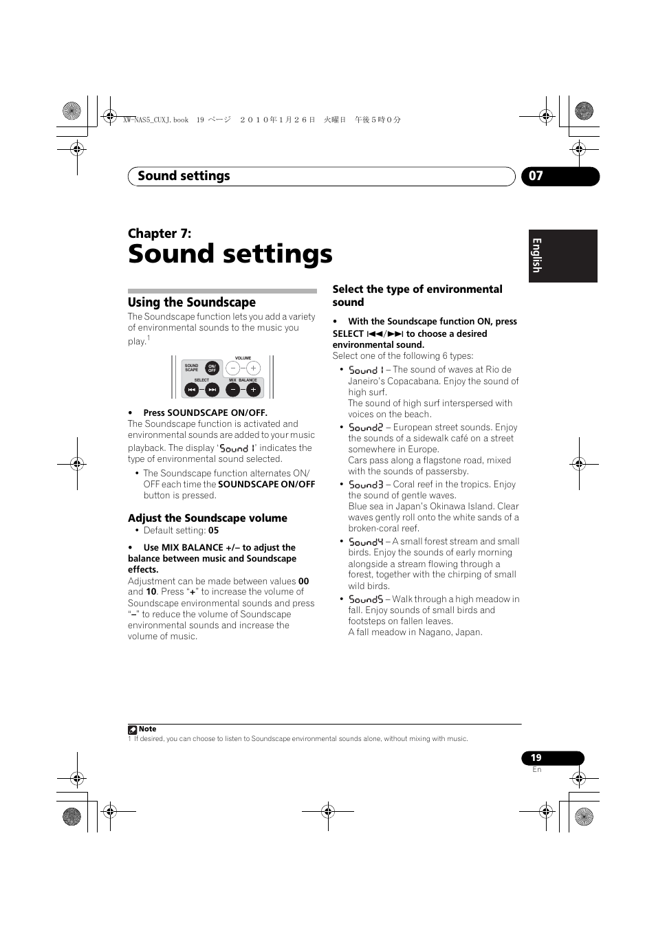 07 sound settings, Using the soundscape, Adjust the soundscape volume | Select the type of environmental sound, Sound settings, Sound settings 07, Chapter 7 | Pioneer XW-NAS5 User Manual | Page 19 / 80