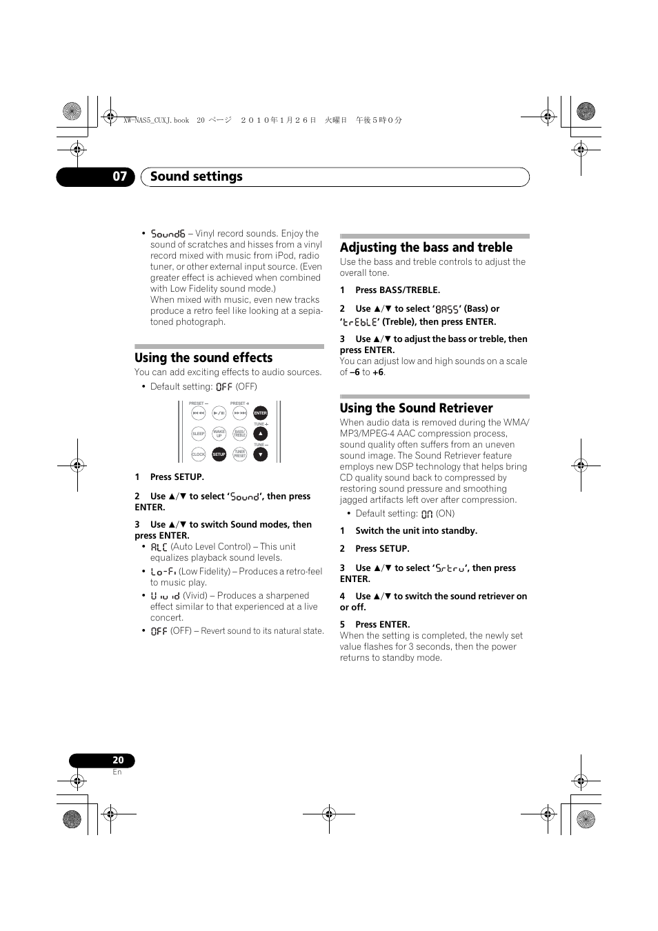 Using the sound effects, Adjusting the bass and treble, Using the sound retriever | Sound settings 07 | Pioneer XW-NAS5 User Manual | Page 20 / 80