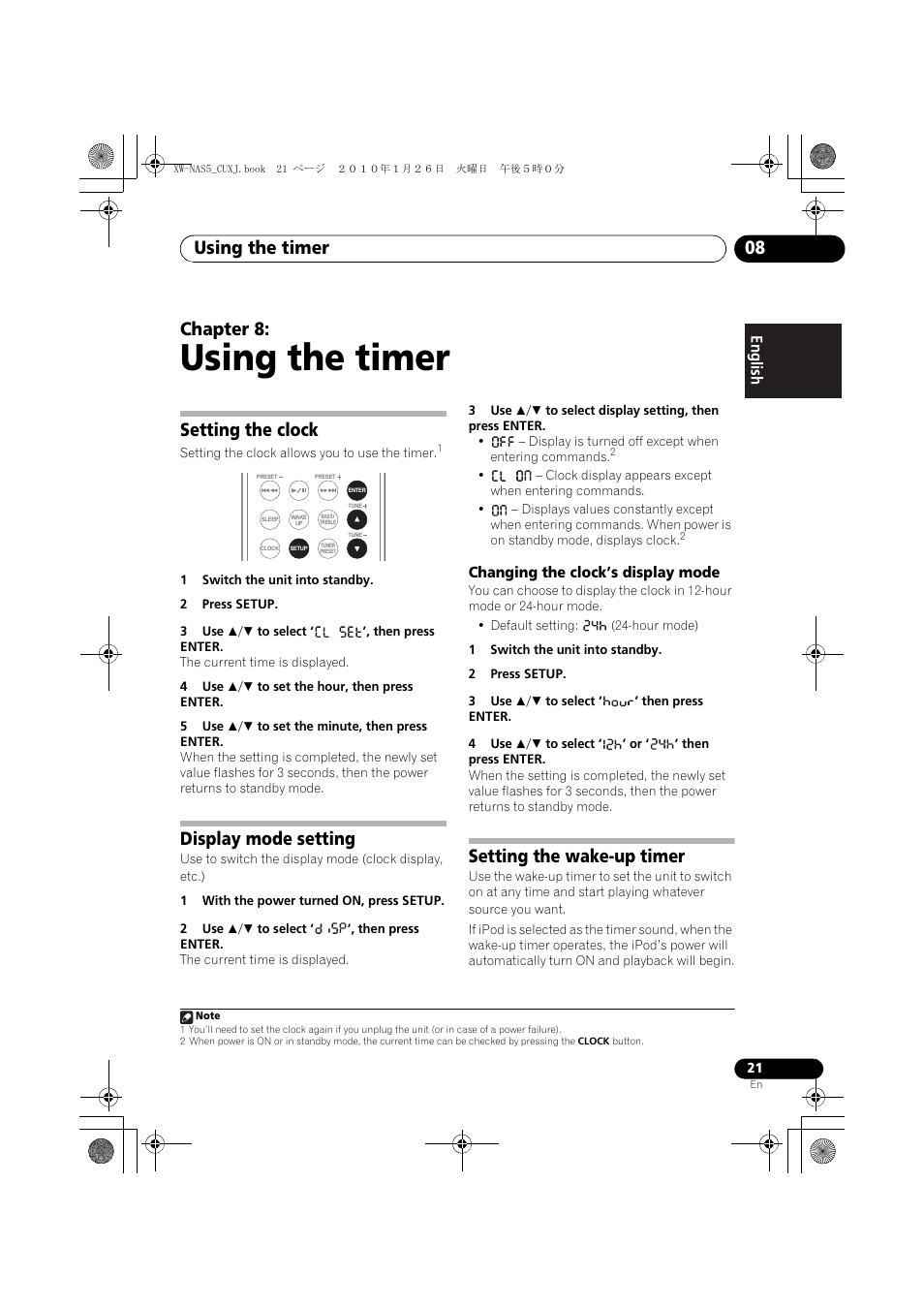 08 using the timer, Setting the clock, Display mode setting | Changing the clock’s display mode, Setting the wake-up timer, Using the timer, Using the timer 08, Chapter 8 | Pioneer XW-NAS5 User Manual | Page 21 / 80