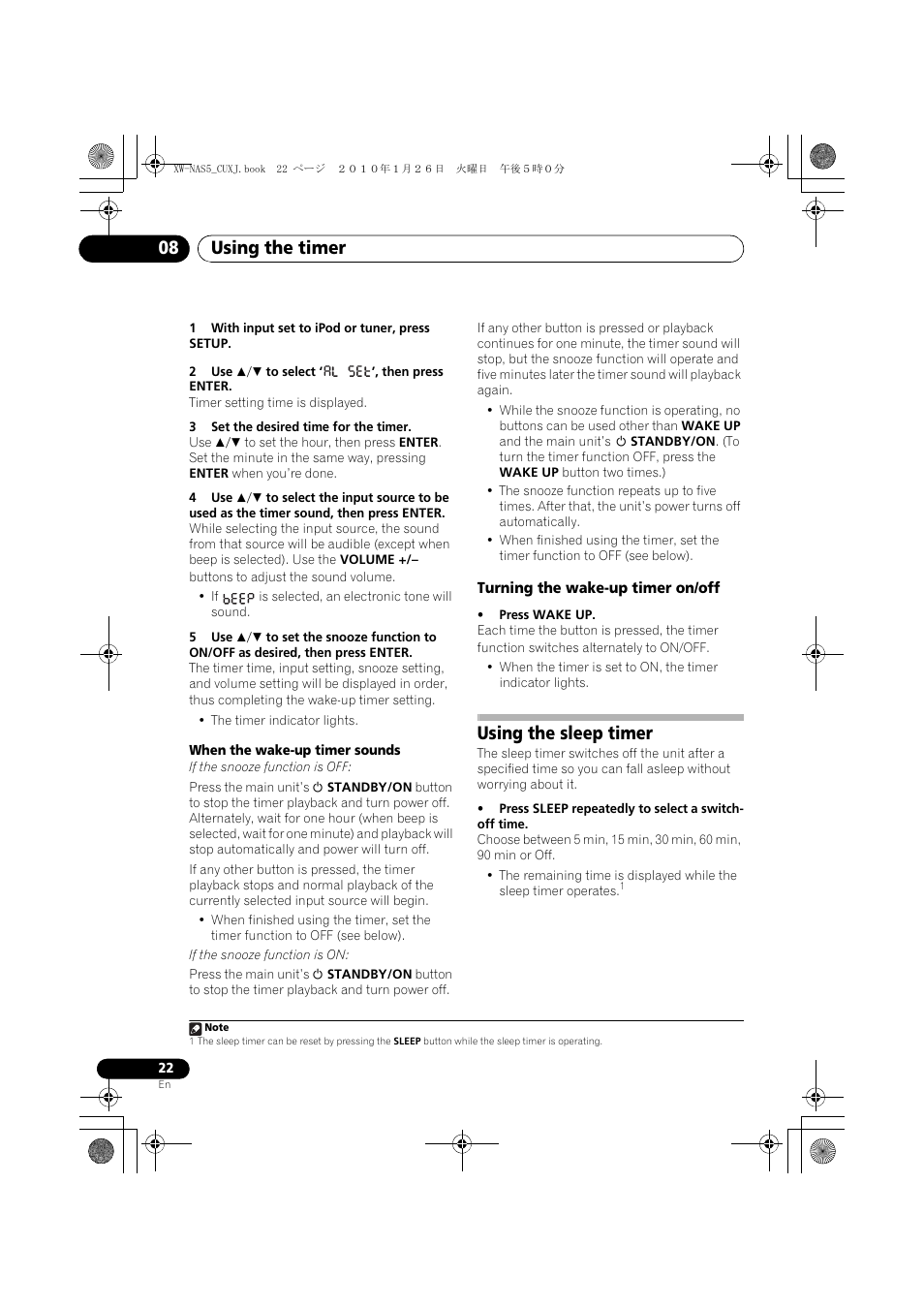 Turning the wake-up timer on/off, Using the sleep timer, Using the timer 08 | Pioneer XW-NAS5 User Manual | Page 22 / 80