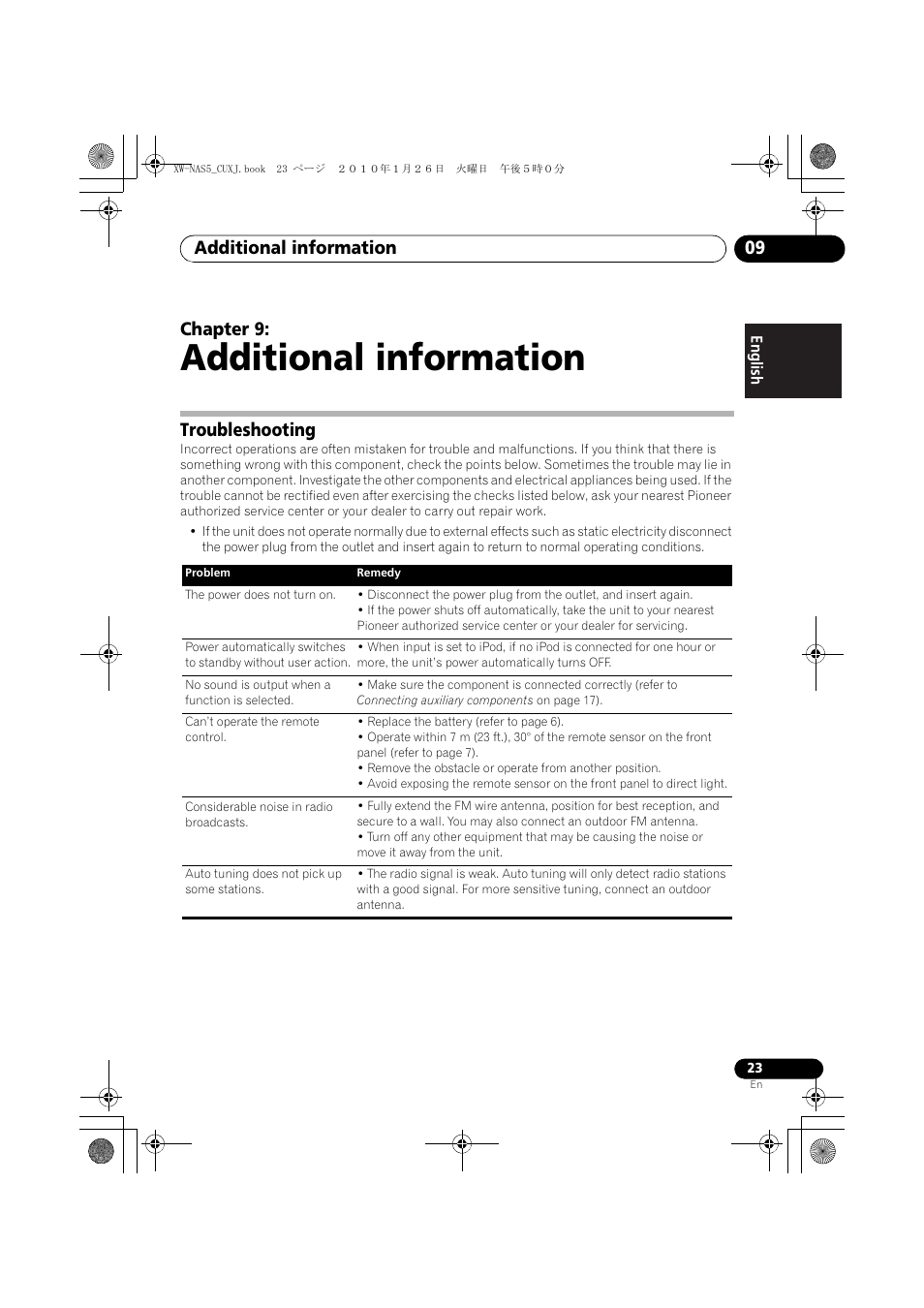 09 additional information, Troubleshooting, Additional information | Additional information 09, Chapter 9 | Pioneer XW-NAS5 User Manual | Page 23 / 80