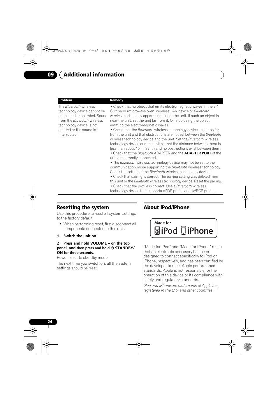 Resetting the system, About ipod/iphone, Additional information 09 | Pioneer XW-NAS5 User Manual | Page 24 / 80