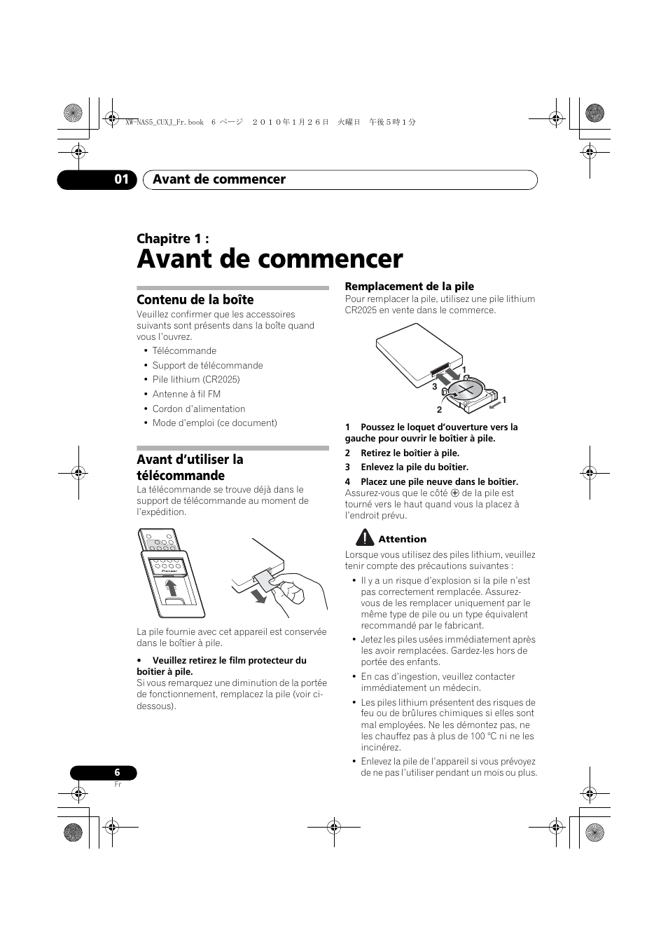 01 avant de commencer, Contenu de la boîte, Avant d’utiliser la télécommande | Remplacement de la pile, Avant de commencer, Avant de commencer 01, Chapitre 1 | Pioneer XW-NAS5 User Manual | Page 30 / 80