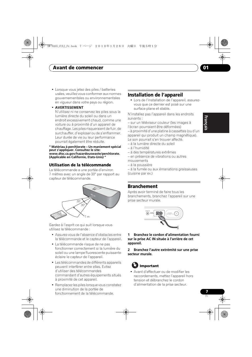 Utilisation de la télécommande, Installation de l’appareil, Branchement | Avant de commencer 01 | Pioneer XW-NAS5 User Manual | Page 31 / 80