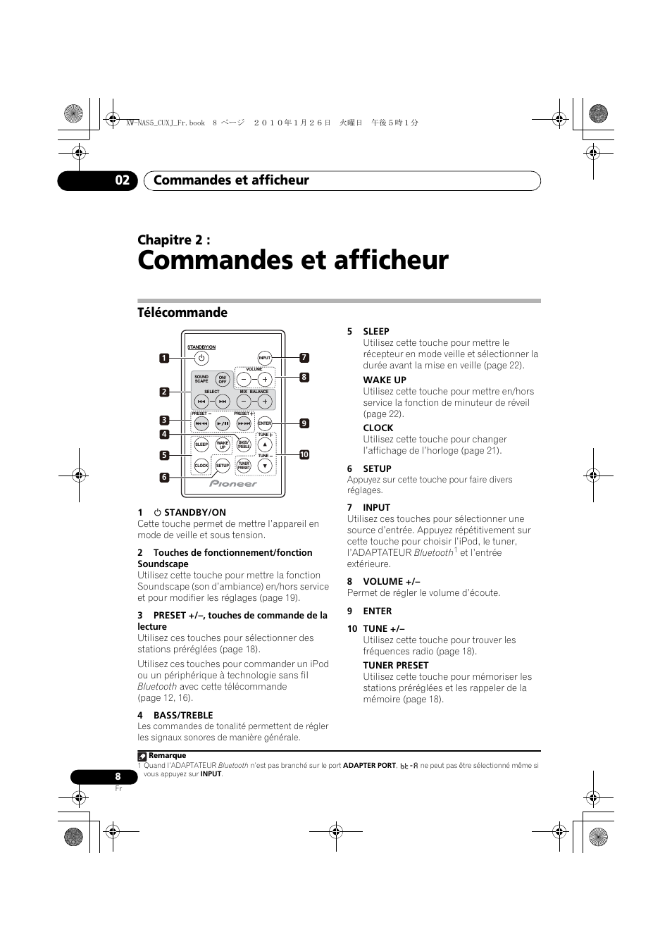 02 commandes et afficheur, Télécommande, Commandes et afficheur | Commandes et afficheur 02, Chapitre 2 | Pioneer XW-NAS5 User Manual | Page 32 / 80