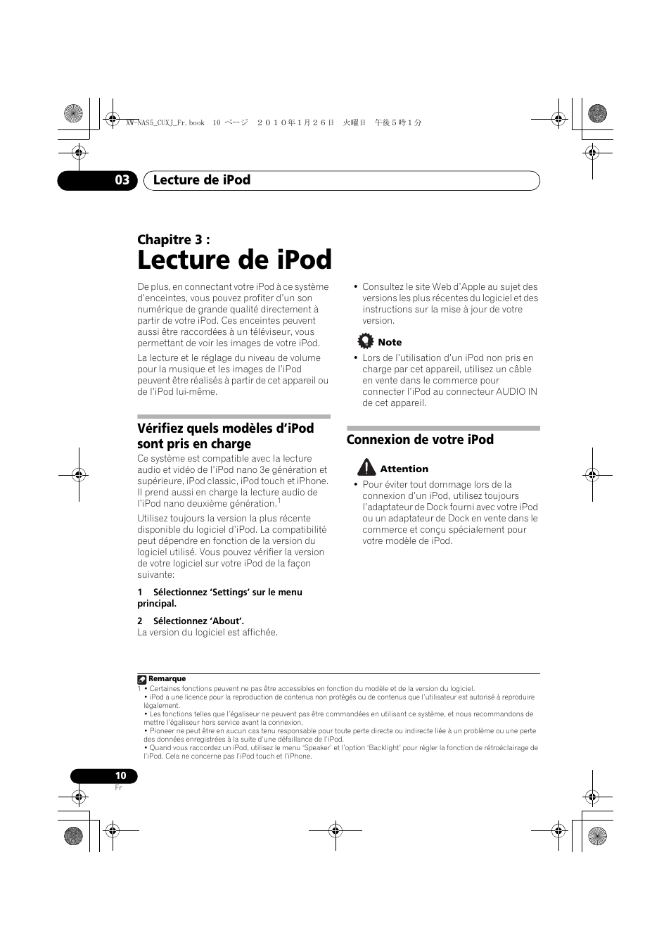 03 lecture de ipod, Vérifiez quels modèles d’ipod sont pris en charge, Connexion de votre ipod | Lecture de ipod, Lecture de ipod 03, Chapitre 3 | Pioneer XW-NAS5 User Manual | Page 34 / 80