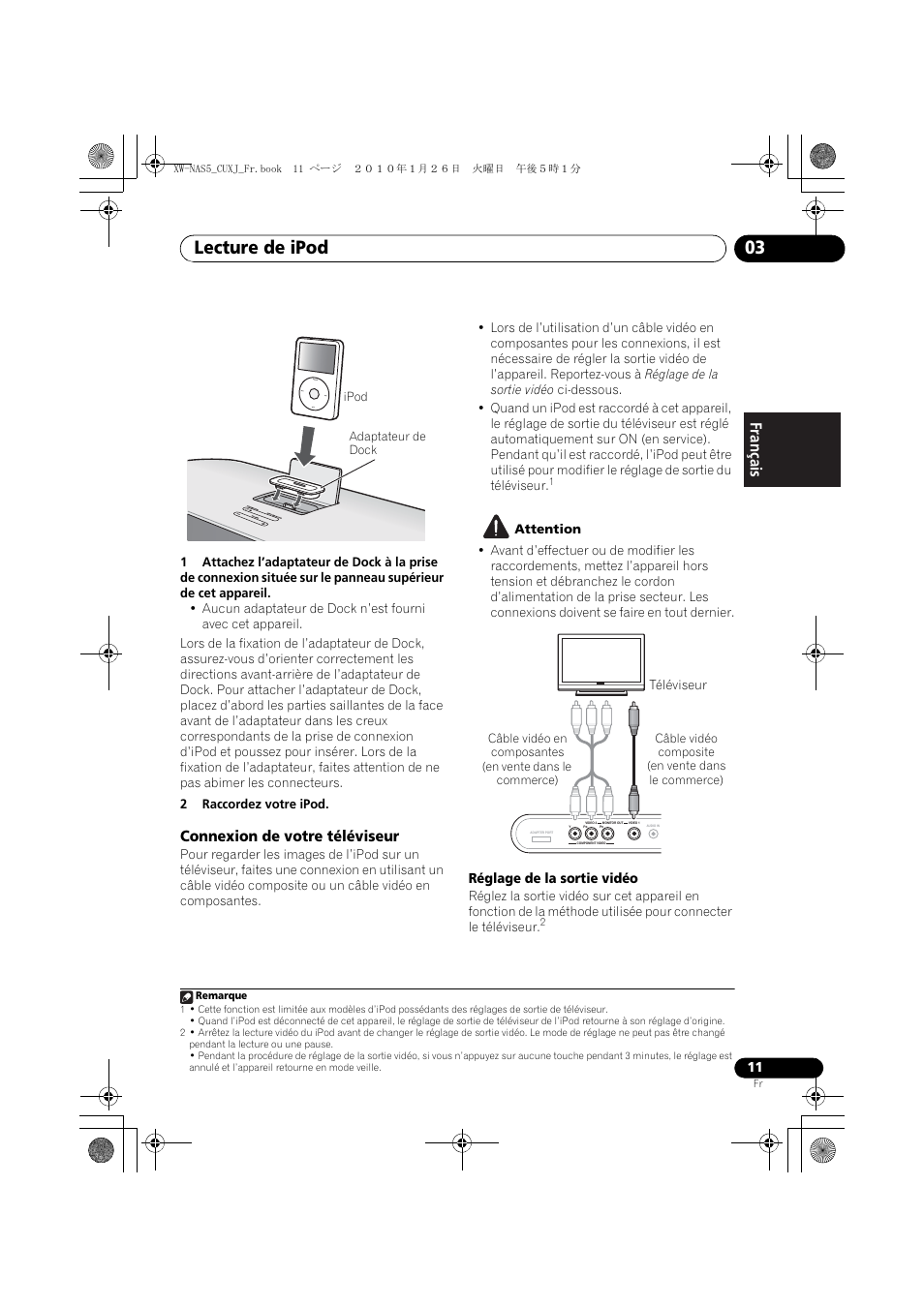 Connexion de votre téléviseur, Lecture de ipod 03, English français español | Pioneer XW-NAS5 User Manual | Page 35 / 80