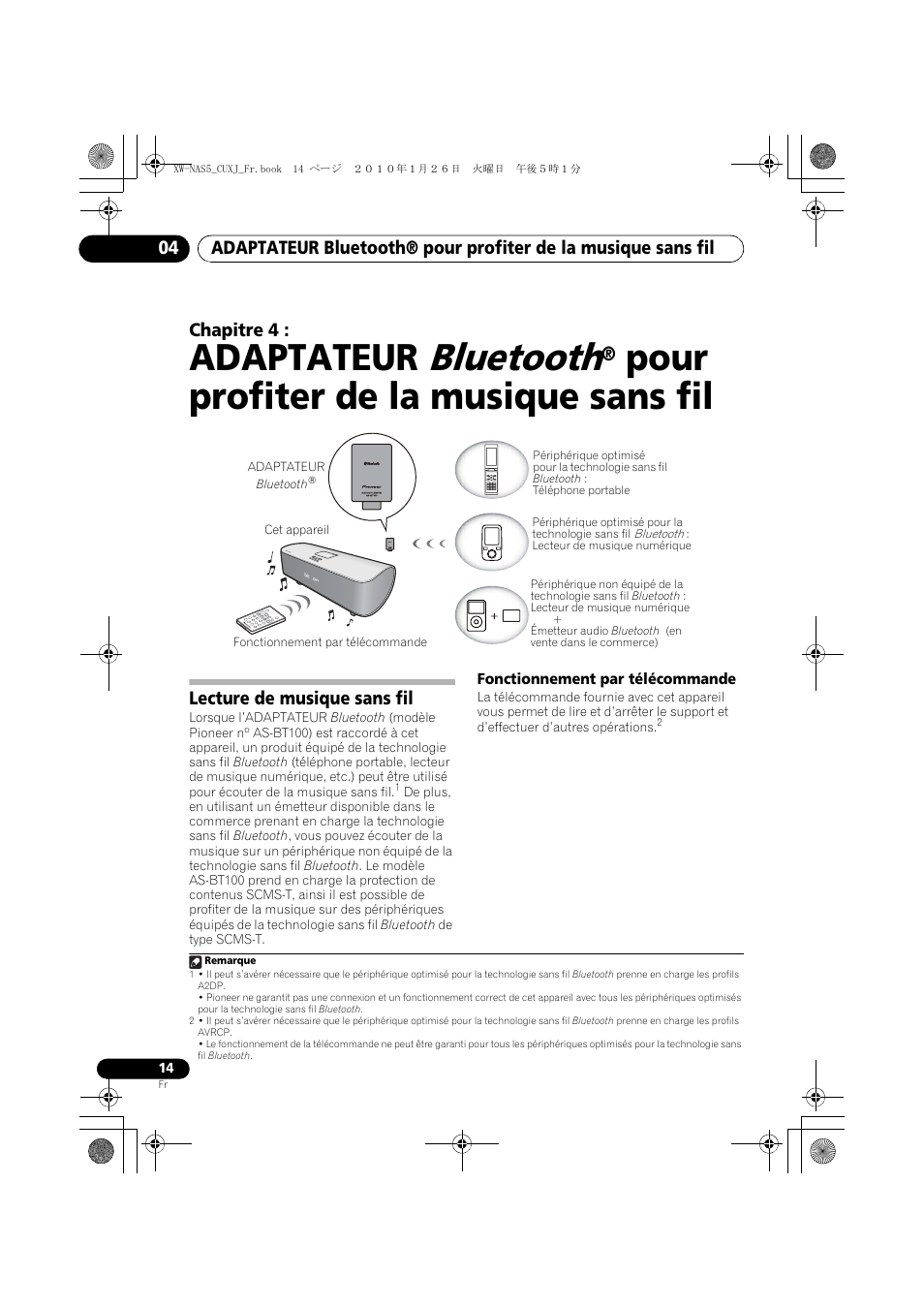 04 adaptateur, Bluetooth, Pour | Profiter de la musique sans fil, Lecture de musique sans fil, Fonctionnement par télécommande, Adaptateur, Pour profiter de la musique sans fil, Chapitre 4 | Pioneer XW-NAS5 User Manual | Page 38 / 80