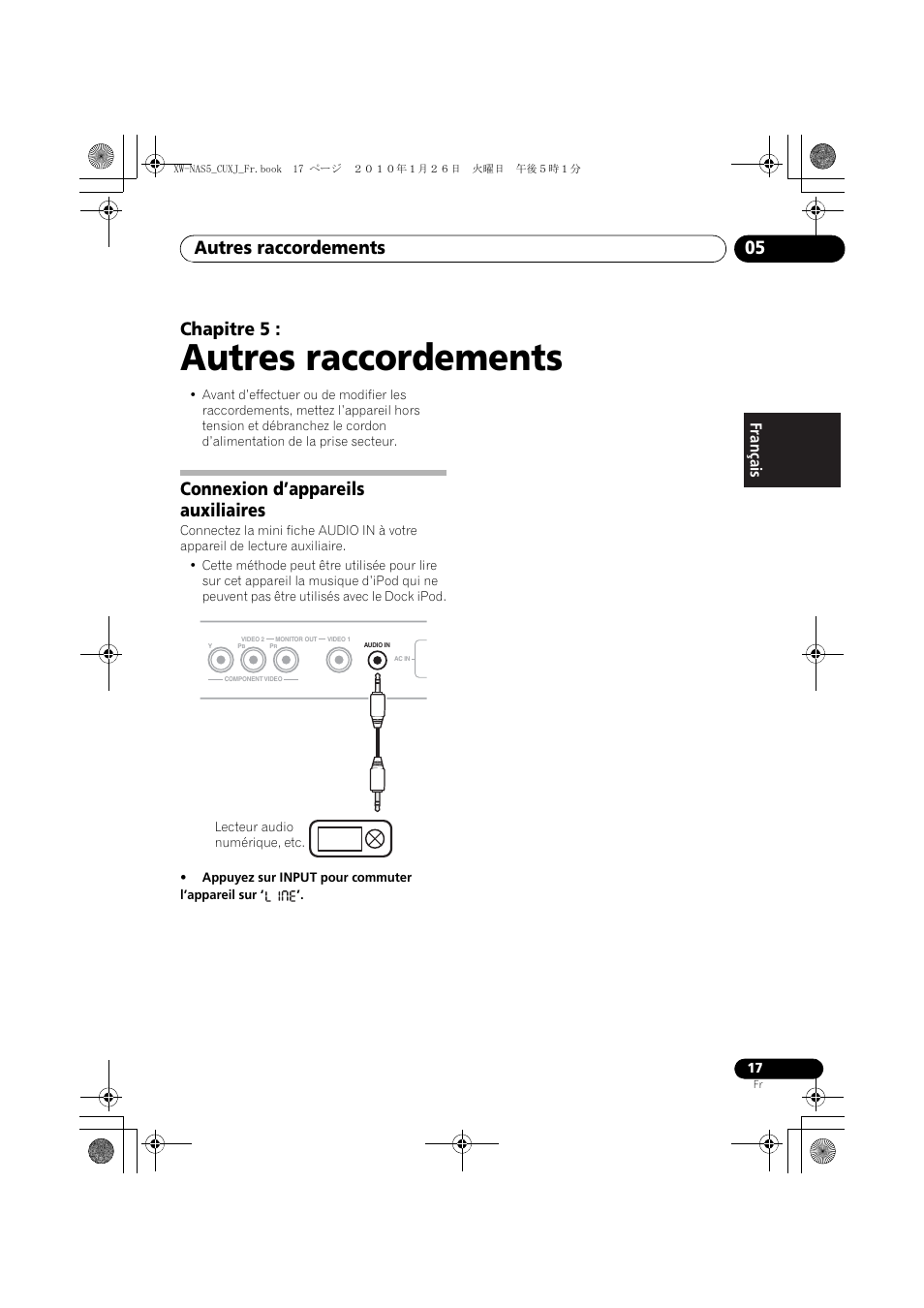 05 autres raccordements, Connexion d’appareils auxiliaires, Autres raccordements | Autres raccordements 05, Chapitre 5, English français español | Pioneer XW-NAS5 User Manual | Page 41 / 80