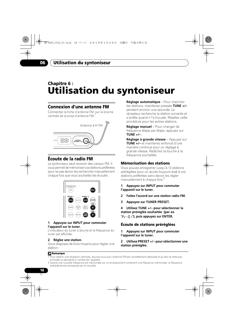 06 utilisation du syntoniseur, Connexion d’une antenne fm, Écoute de la radio fm | Mémorisation des stations, Écoute de stations préréglées, Utilisation du syntoniseur, Utilisation du syntoniseur 06, Chapitre 6 | Pioneer XW-NAS5 User Manual | Page 42 / 80