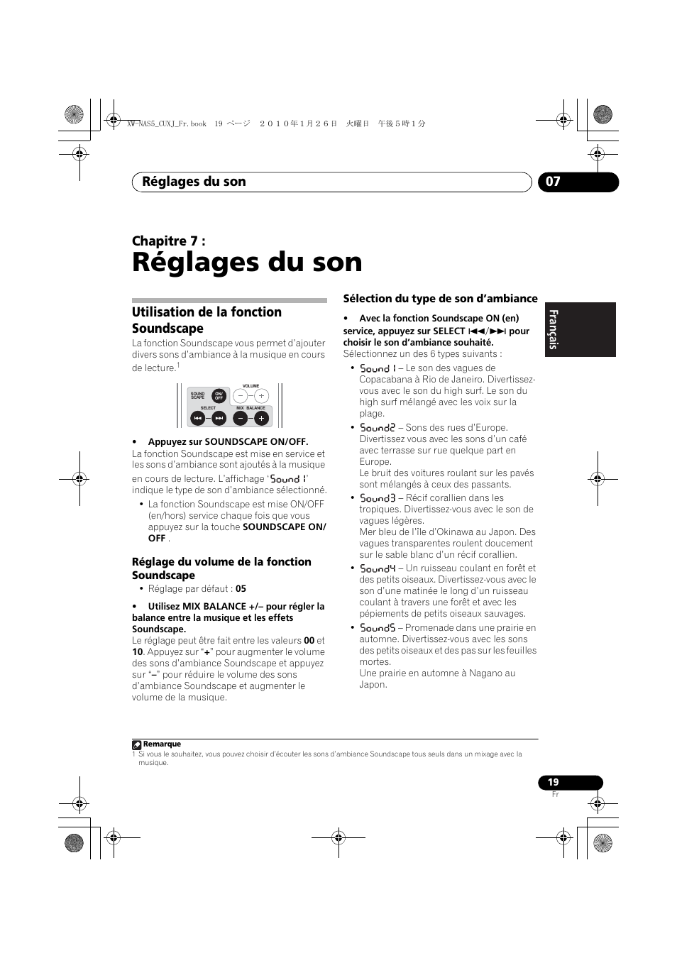 07 réglages du son, Utilisation de la fonction soundscape, Réglage du volume de la fonction soundscape | Sélection du type de son d’ambiance, Réglages du son, Réglages du son 07, Chapitre 7 | Pioneer XW-NAS5 User Manual | Page 43 / 80