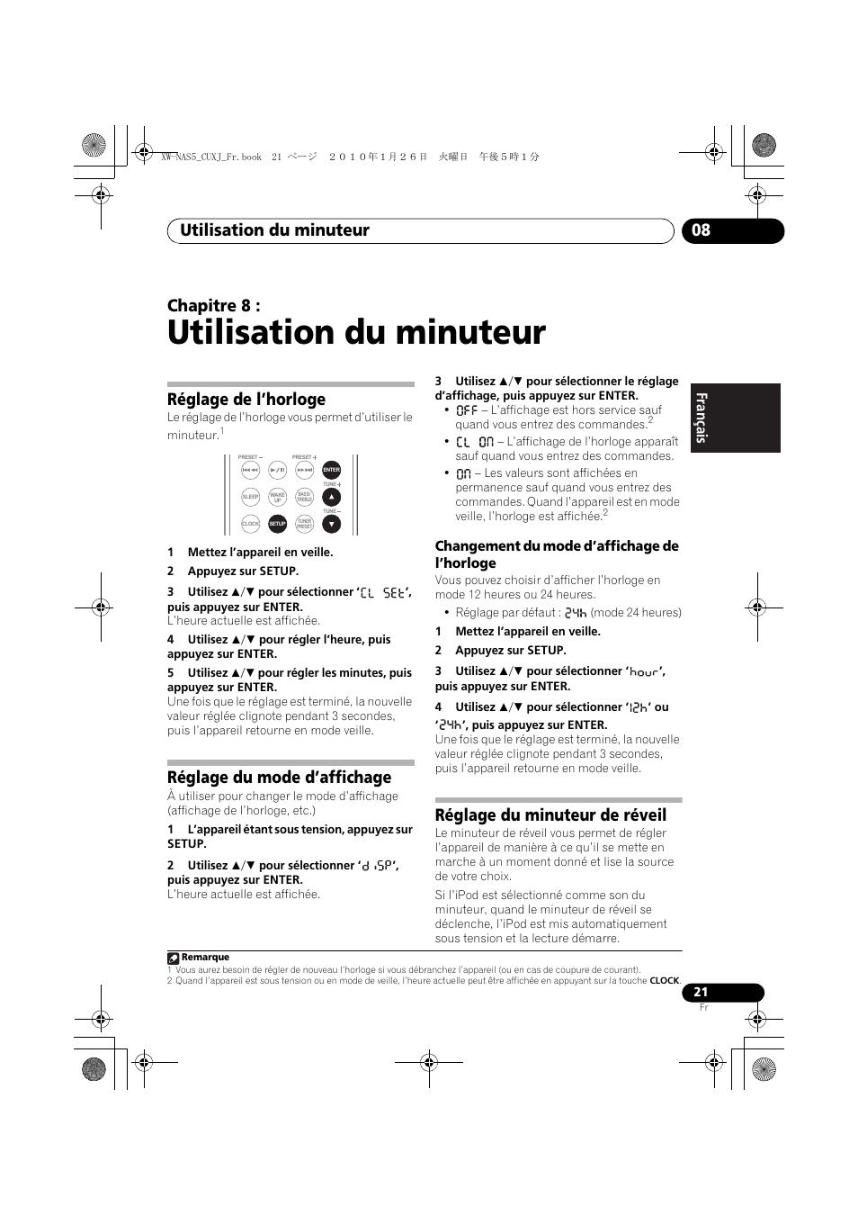 08 utilisation du minuteur, Réglage de l’horloge, Réglage du mode d’affichage | Changement du mode d’affichage de l’horloge, Réglage du minuteur de réveil, Utilisation du minuteur, Utilisation du minuteur 08, Chapitre 8, English français español | Pioneer XW-NAS5 User Manual | Page 45 / 80