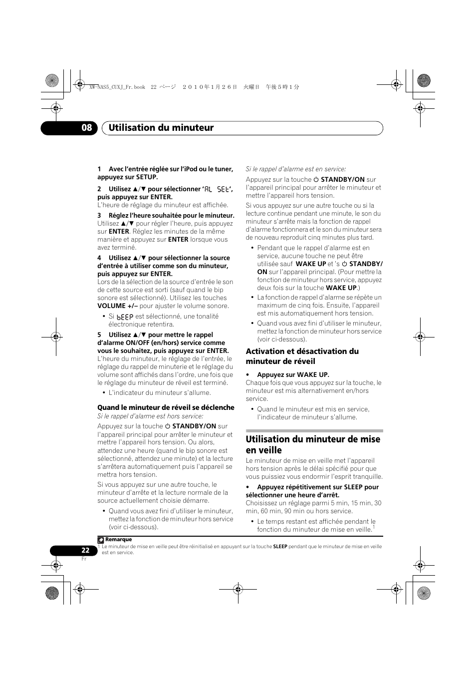 Activation et désactivation du minuteur de réveil, Utilisation du minuteur de mise en veille, Utilisation du minuteur 08 | Pioneer XW-NAS5 User Manual | Page 46 / 80