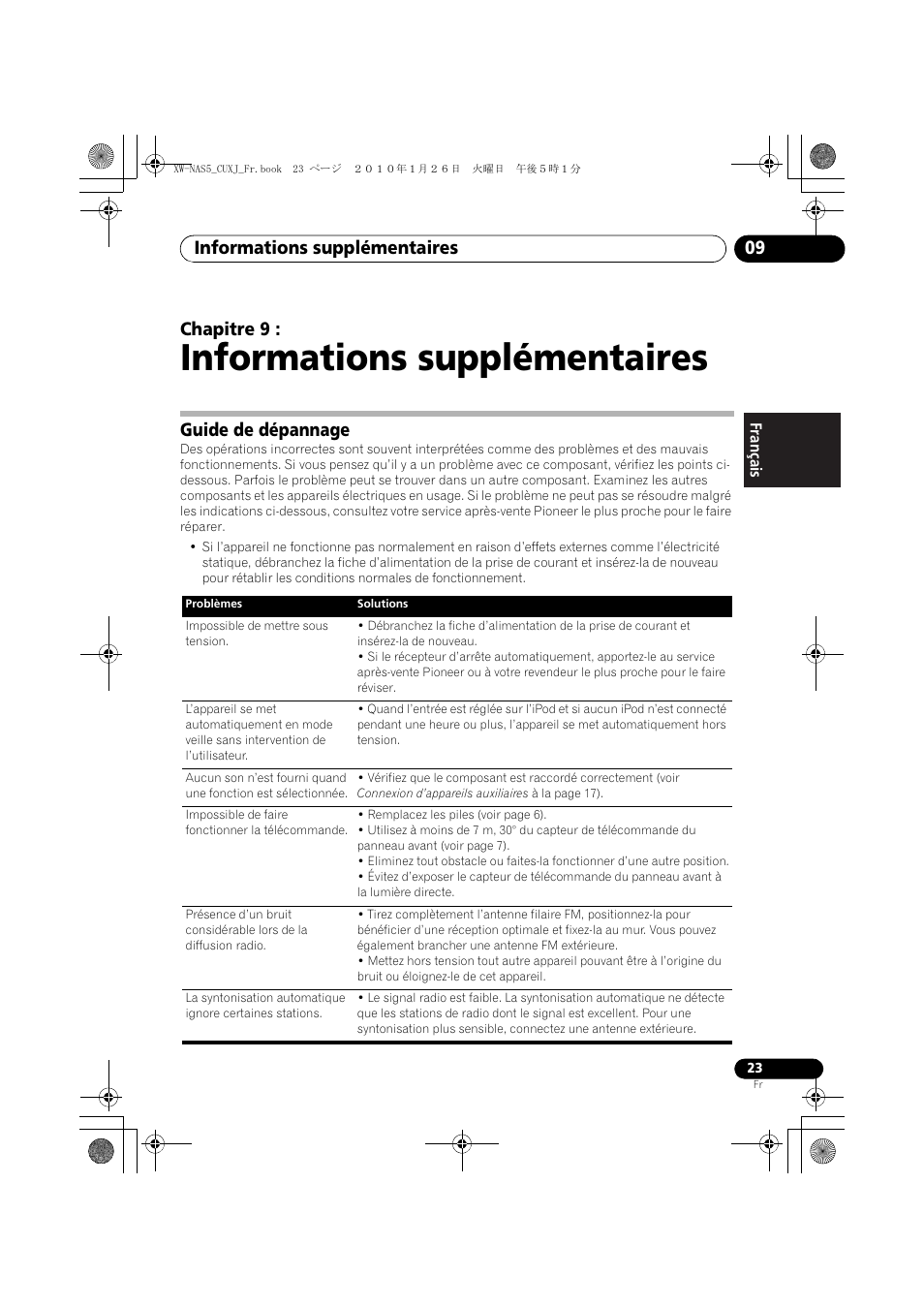 09 informations supplémentaires, Guide de dépannage, Informations supplémentaires | Informations supplémentaires 09, Chapitre 9 | Pioneer XW-NAS5 User Manual | Page 47 / 80