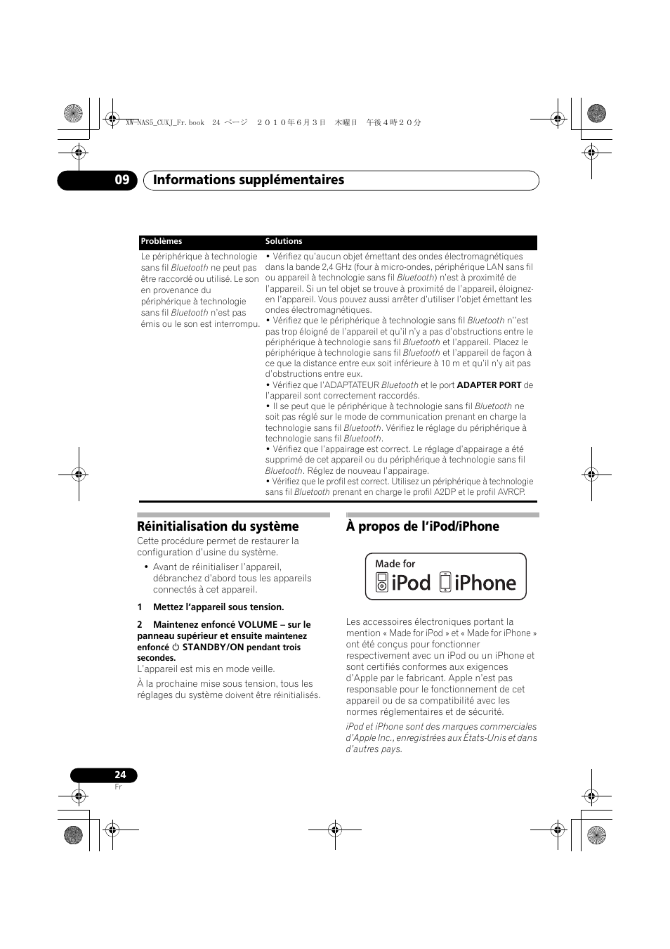 Réinitialisation du système, À propos de l’ipod/iphone, Informations supplémentaires 09 | Pioneer XW-NAS5 User Manual | Page 48 / 80