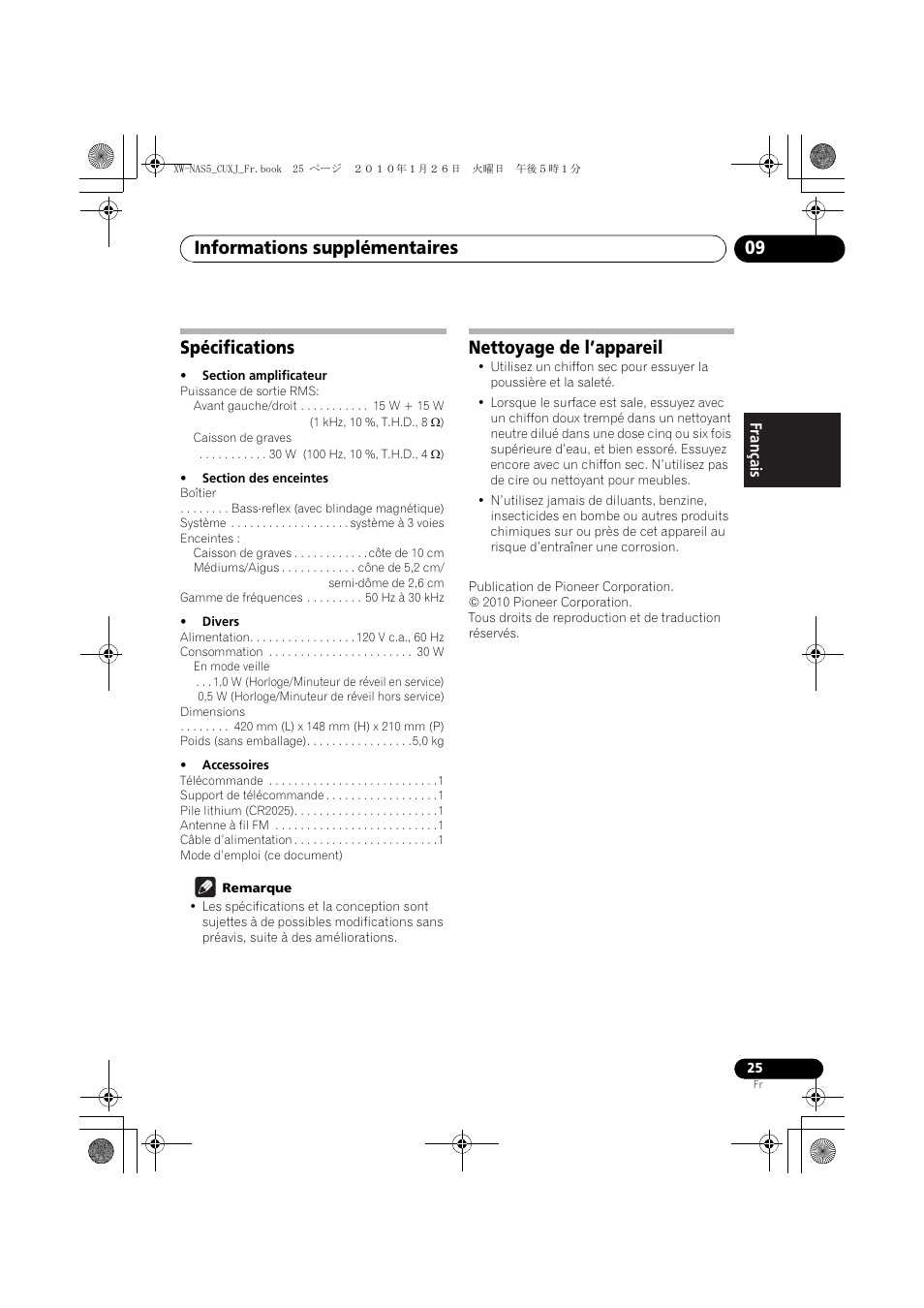 Spécifications, Nettoyage de l’appareil, Informations supplémentaires 09 | Pioneer XW-NAS5 User Manual | Page 49 / 80