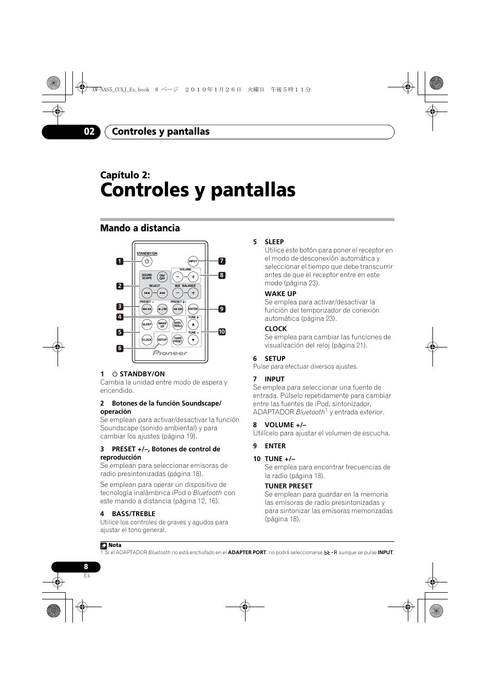 02 controles y pantallas, Mando a distancia, Controles y pantallas | Controles y pantallas 02, Capítulo 2 | Pioneer XW-NAS5 User Manual | Page 56 / 80