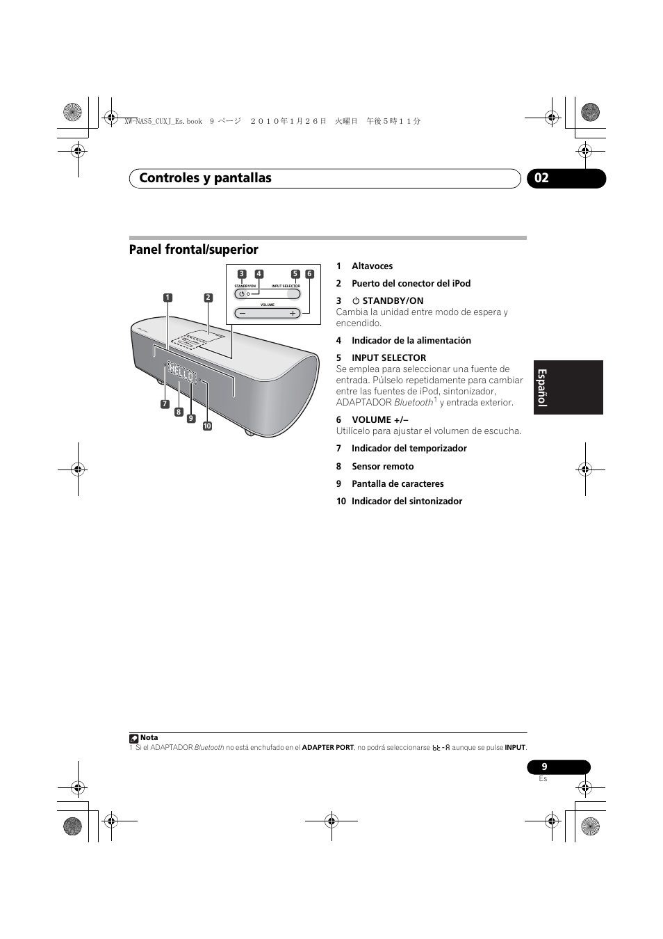 Panel frontal/superior, Controles y pantallas 02, English français español | Pioneer XW-NAS5 User Manual | Page 57 / 80