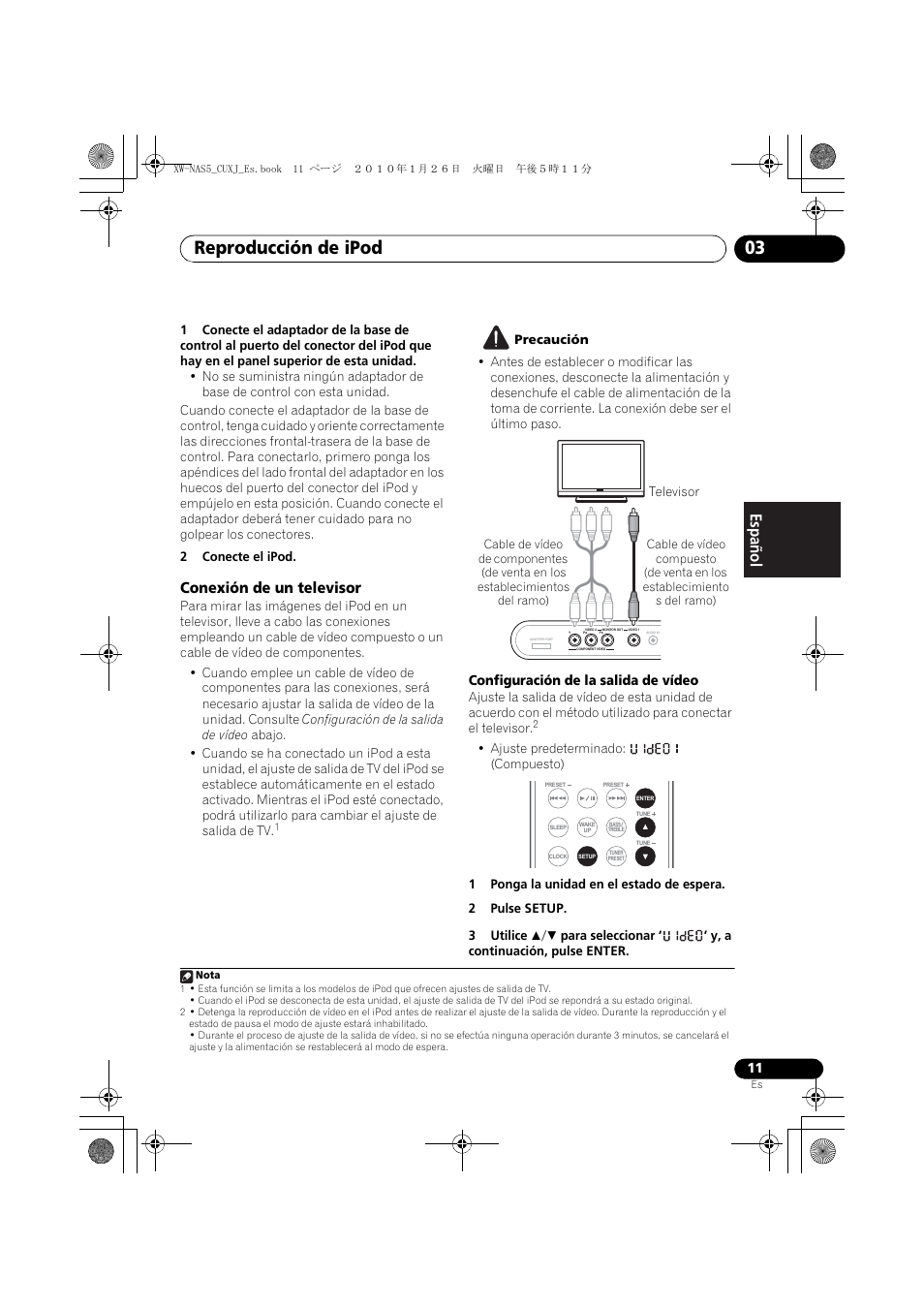 Conexión de un televisor, Reproducción de ipod 03, English français español | Configuración de la salida de vídeo | Pioneer XW-NAS5 User Manual | Page 59 / 80