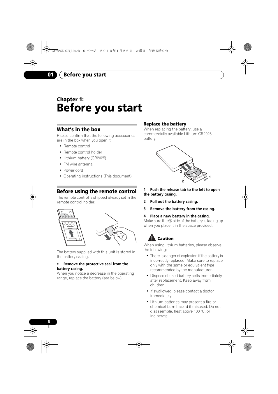 01 before you start, What’s in the box, Before using the remote control | Replace the battery, Before you start, Before you start 01, Chapter 1 | Pioneer XW-NAS5 User Manual | Page 6 / 80