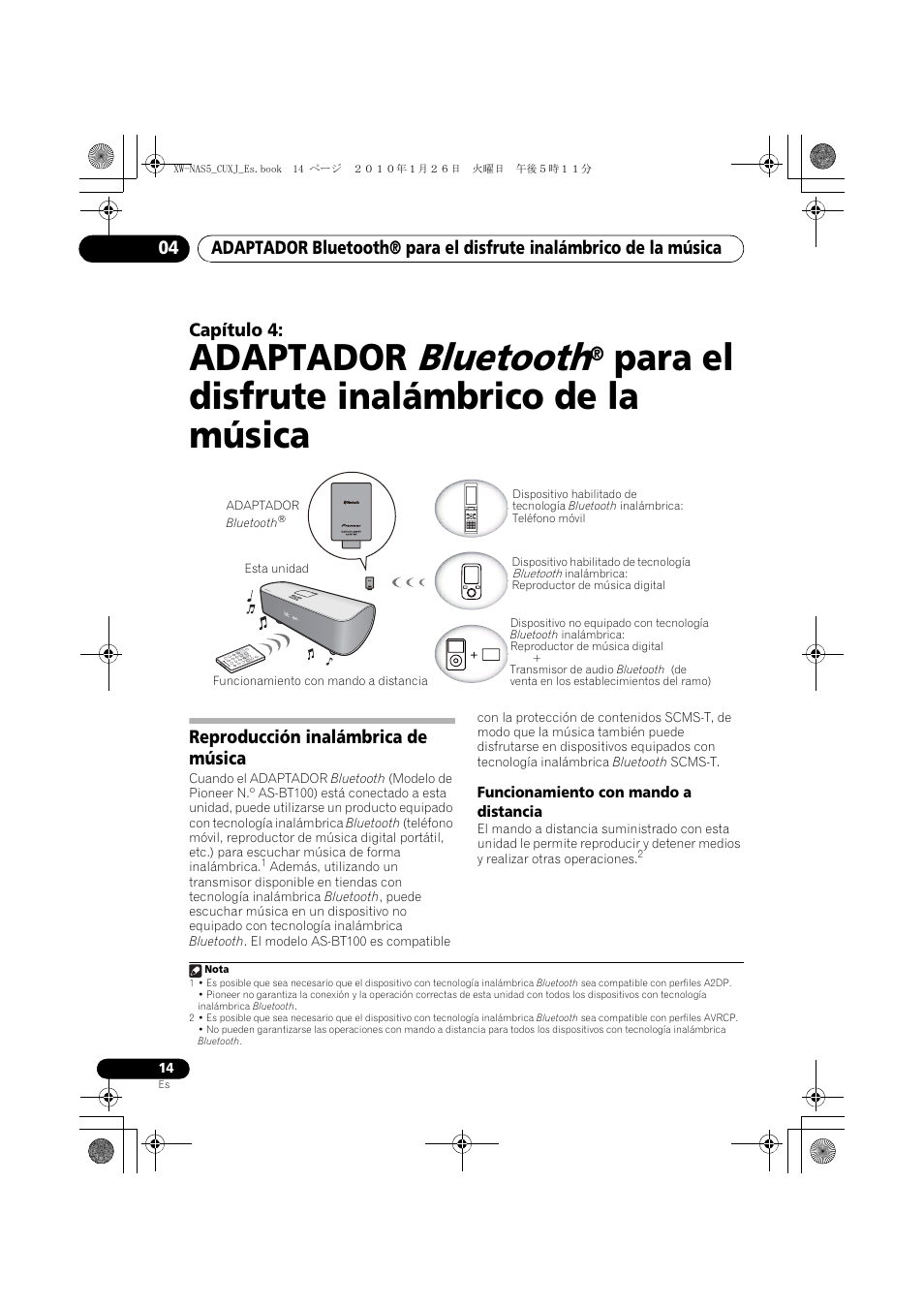 04 adaptador, Bluetooth, Para el | Disfrute inalámbrico de la música, Reproducción inalámbrica de música, Funcionamiento con mando a distancia, Adaptador, Para el disfrute inalámbrico de la música | Pioneer XW-NAS5 User Manual | Page 62 / 80