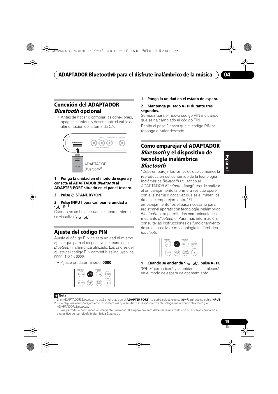 Conexión del adaptador bluetooth opcional, Ajuste del código pin, Bluetooth | Conexión del adaptador, Opcional, Cómo emparejar el adaptador, Y el dispositivo de tecnología inalámbrica, English français español | Pioneer XW-NAS5 User Manual | Page 63 / 80