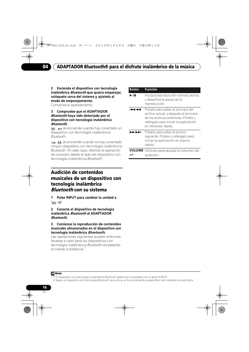 Bluetooth, Con su sistema | Pioneer XW-NAS5 User Manual | Page 64 / 80