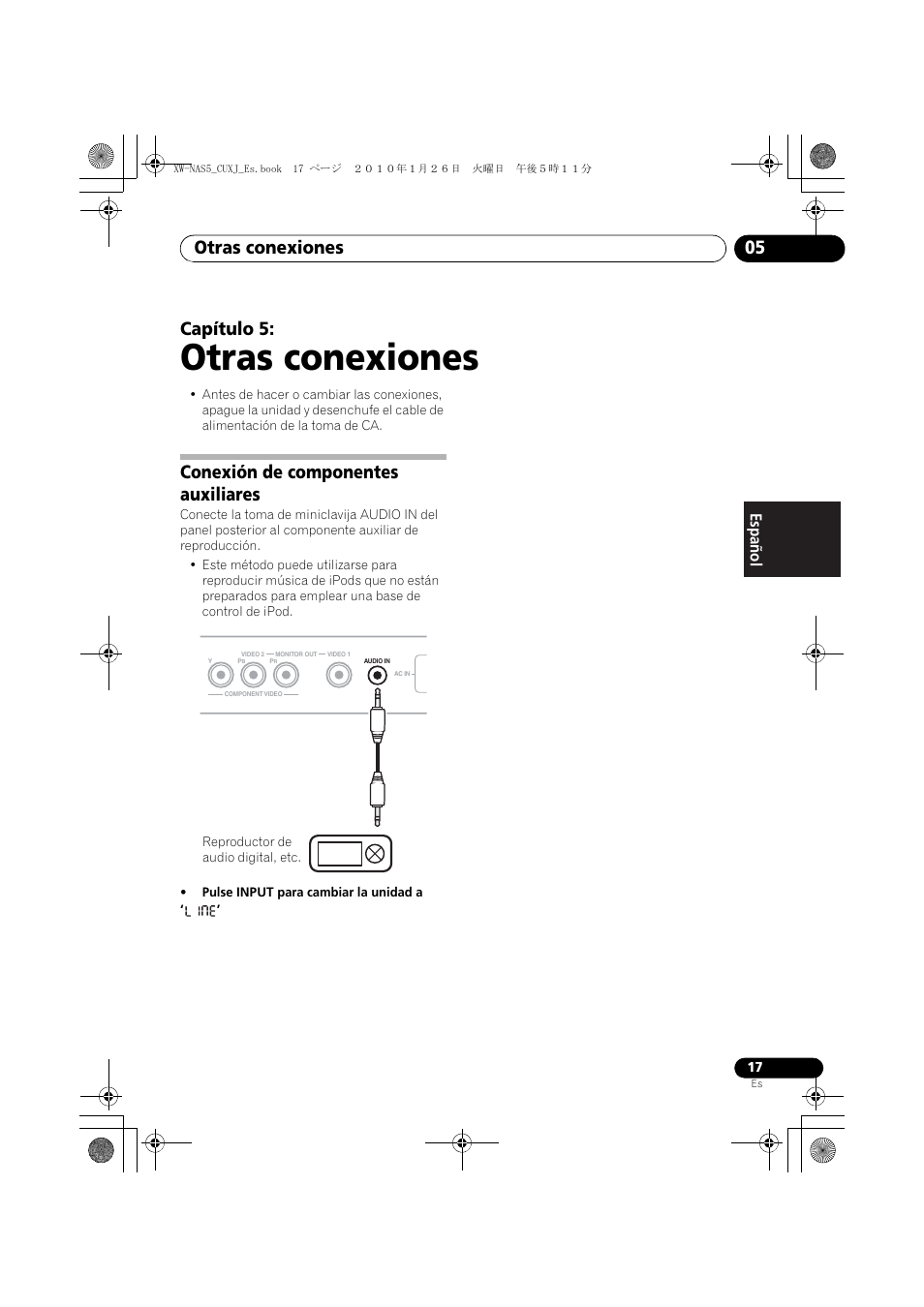 05 otras conexiones, Conexión de componentes auxiliares, Otras conexiones | Otras conexiones 05, Capítulo 5, English français español | Pioneer XW-NAS5 User Manual | Page 65 / 80