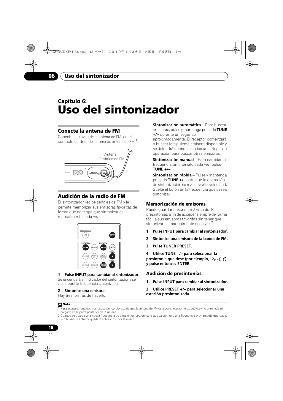 06 uso del sintonizador, Conecte la antena de fm, Audición de la radio de fm | Memorización de emisoras, Audición de presintonías, Uso del sintonizador, Uso del sintonizador 06, Capítulo 6 | Pioneer XW-NAS5 User Manual | Page 66 / 80