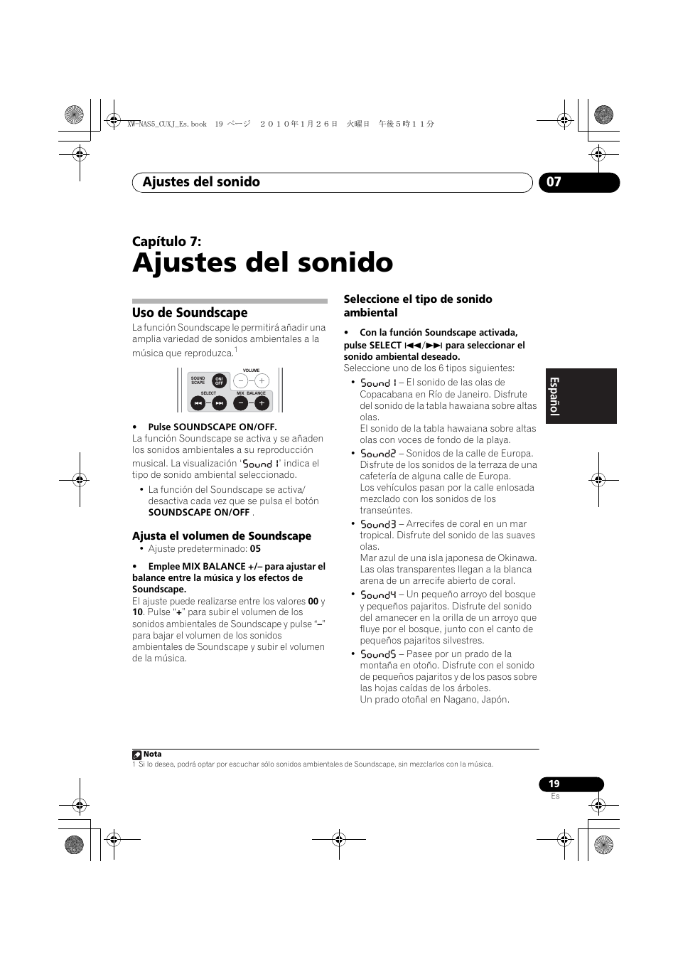 07 ajustes del sonido, Uso de soundscape, Ajusta el volumen de soundscape | Seleccione el tipo de sonido ambiental, Ajustes del sonido, Ajustes del sonido 07, Capítulo 7 | Pioneer XW-NAS5 User Manual | Page 67 / 80