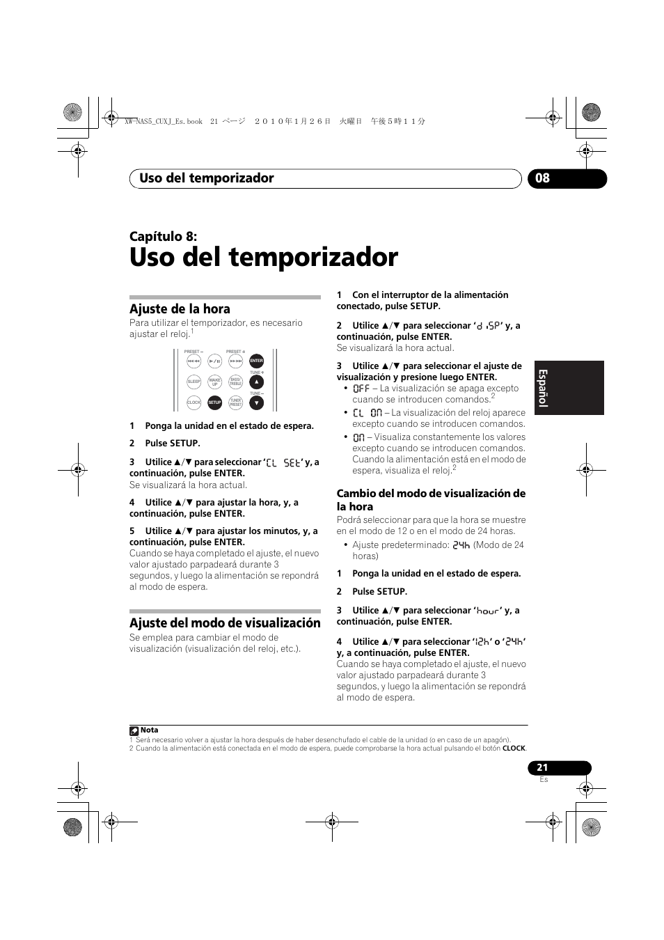 08 uso del temporizador, Ajuste de la hora, Ajuste del modo de visualización | Cambio del modo de visualización de la hora, Uso del temporizador, Uso del temporizador 08, Capítulo 8, English français español | Pioneer XW-NAS5 User Manual | Page 69 / 80