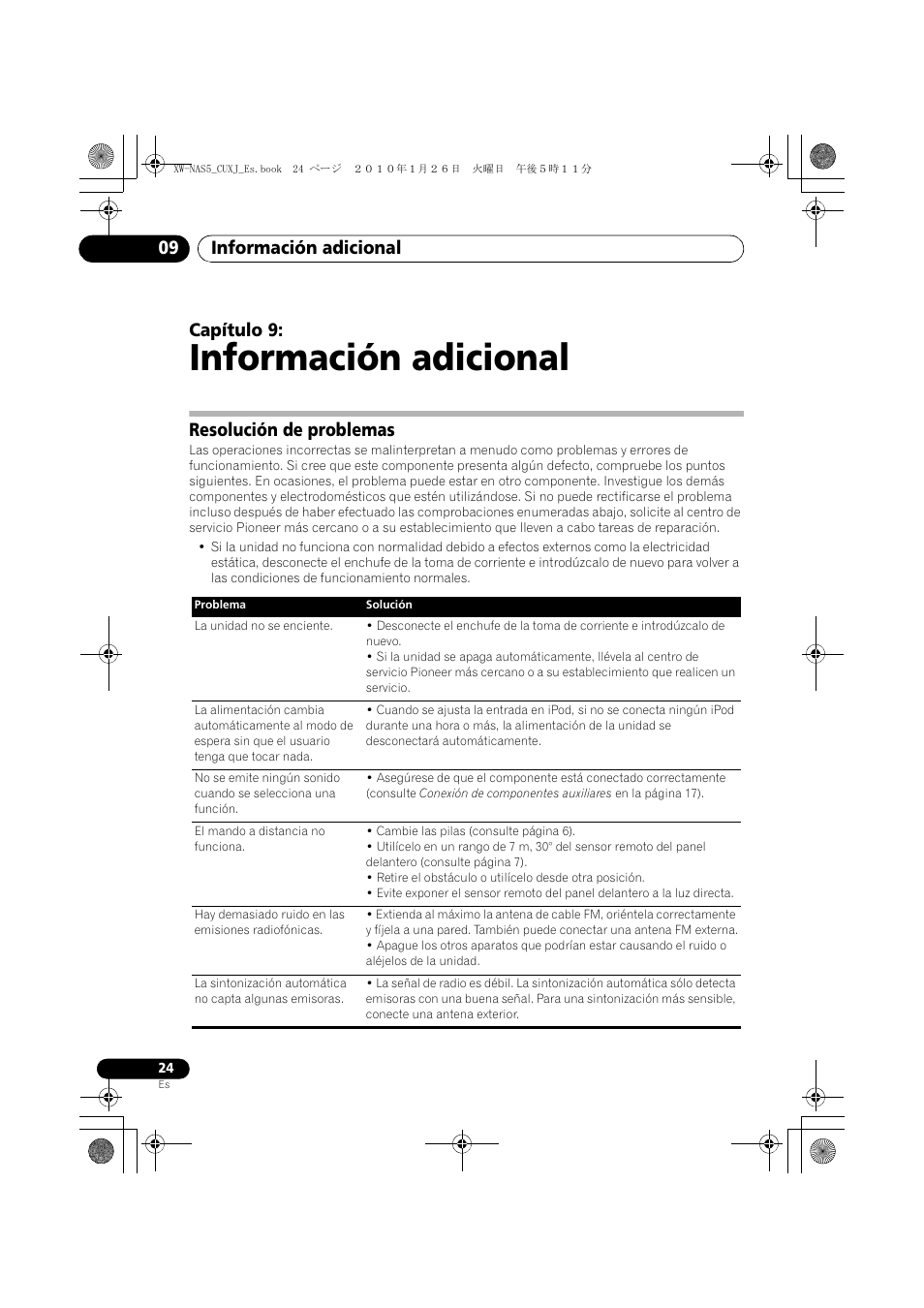 09 información adicional, Resolución de problemas, Información adicional | Información adicional 09, Capítulo 9 | Pioneer XW-NAS5 User Manual | Page 72 / 80