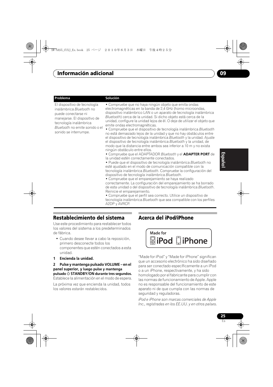 Restablecimiento del sistema, Acerca del ipod/iphone, Información adicional 09 | Pioneer XW-NAS5 User Manual | Page 73 / 80