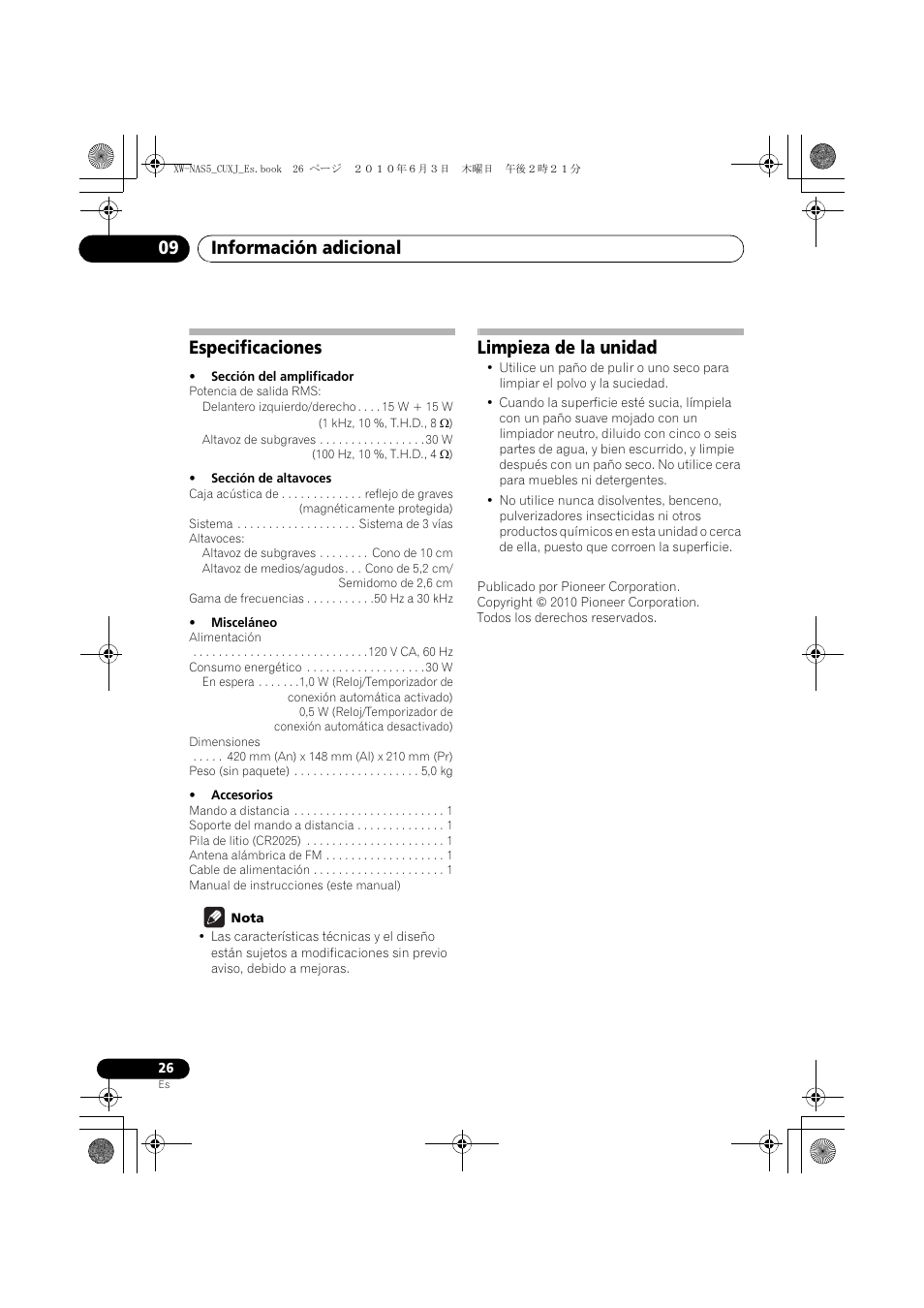 Especificaciones, Limpieza de la unidad, Información adicional 09 | Pioneer XW-NAS5 User Manual | Page 74 / 80