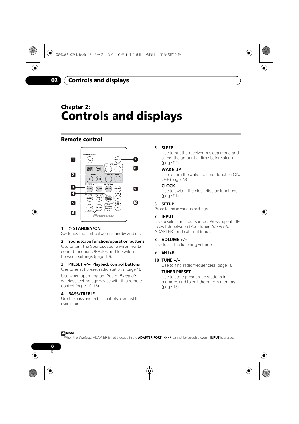 02 controls and displays, Remote control, Controls and displays | Controls and displays 02, Chapter 2 | Pioneer XW-NAS5 User Manual | Page 8 / 80