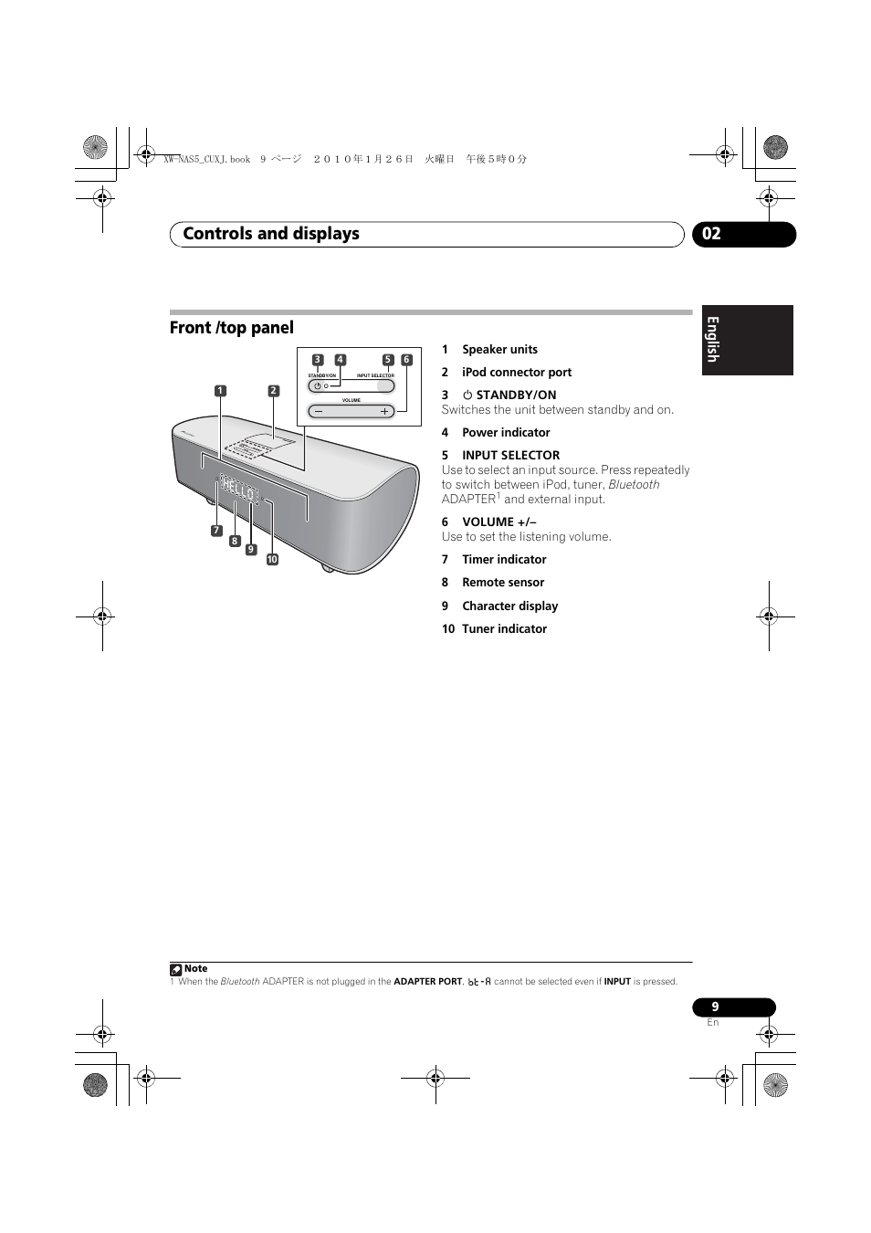 Front /top panel, Controls and displays 02 | Pioneer XW-NAS5 User Manual | Page 9 / 80