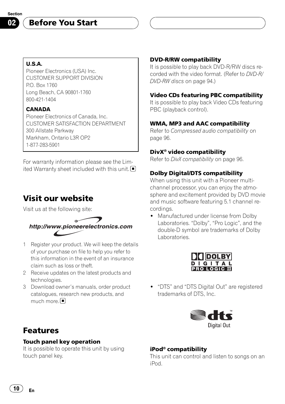 Visit our website, Features, Before you start | Pioneer AVH-P5900D User Manual | Page 10 / 106