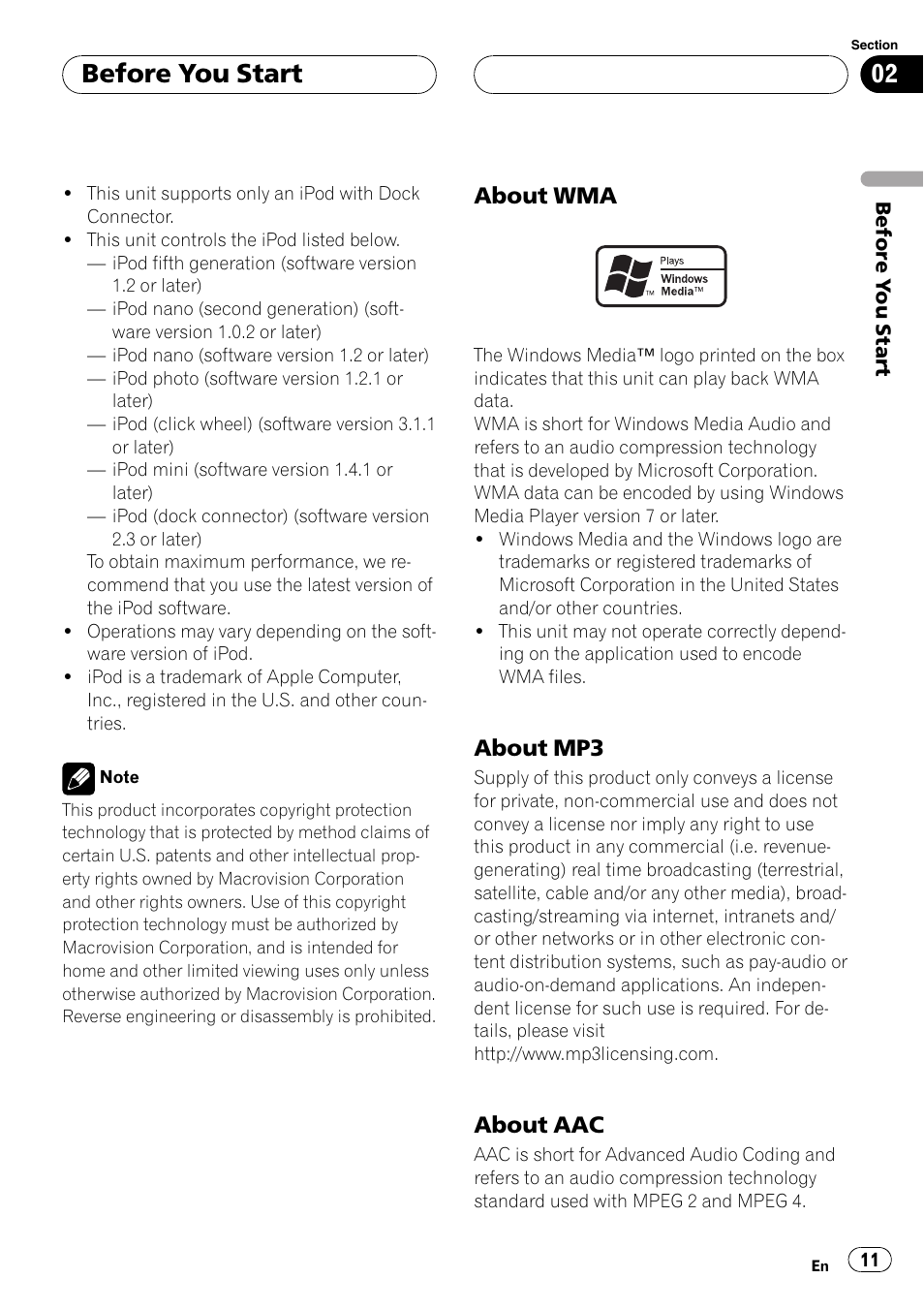 About wma 11, About mp3 11, About aac 11 | Before you start | Pioneer AVH-P5900D User Manual | Page 11 / 106