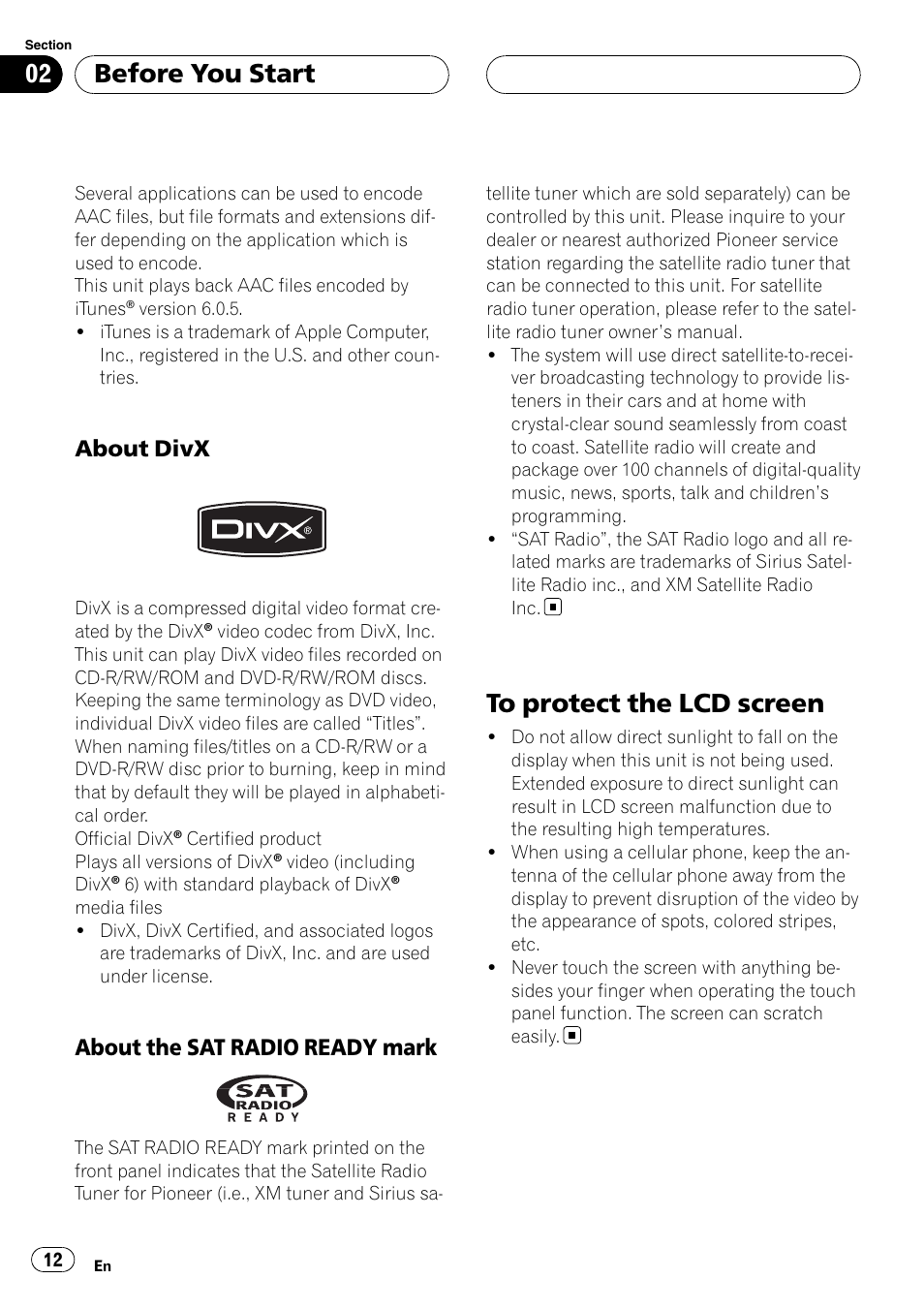 About divx 12, About the sat radio ready, Mark | To protect the lcd screen, Before you start, About divx, About the sat radio ready mark | Pioneer AVH-P5900D User Manual | Page 12 / 106
