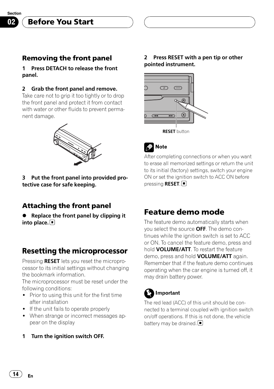 Removing the front panel 14, Attaching the front panel 14, Resetting the microprocessor | Feature demo mode, Before you start, Removing the front panel, Attaching the front panel | Pioneer AVH-P5900D User Manual | Page 14 / 106