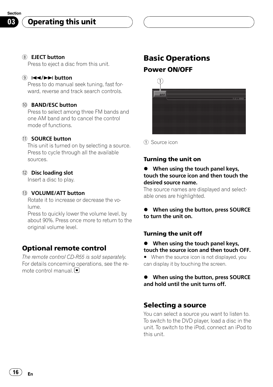 Optional remote control 16, Basic operations, Power on/off 16 | Selecting a source 16, Operating this unit | Pioneer AVH-P5900D User Manual | Page 16 / 106
