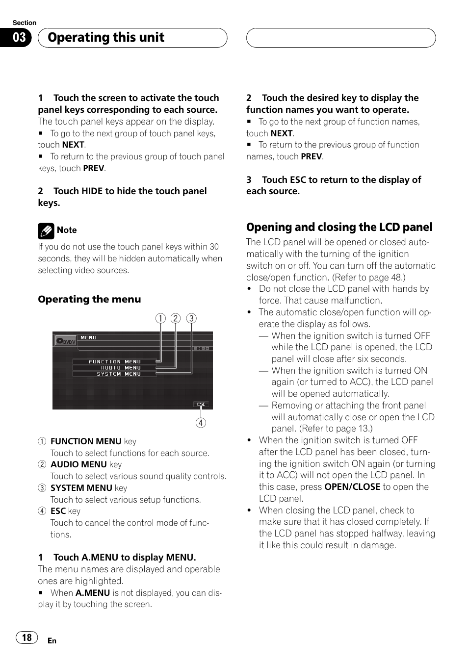 Opening and closing the lcd, Panel, Operating this unit | Opening and closing the lcd panel | Pioneer AVH-P5900D User Manual | Page 18 / 106