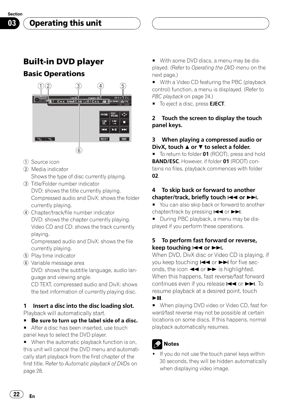 Built-in dvd player, Basic operations 22, Operating this unit | Pioneer AVH-P5900D User Manual | Page 22 / 106