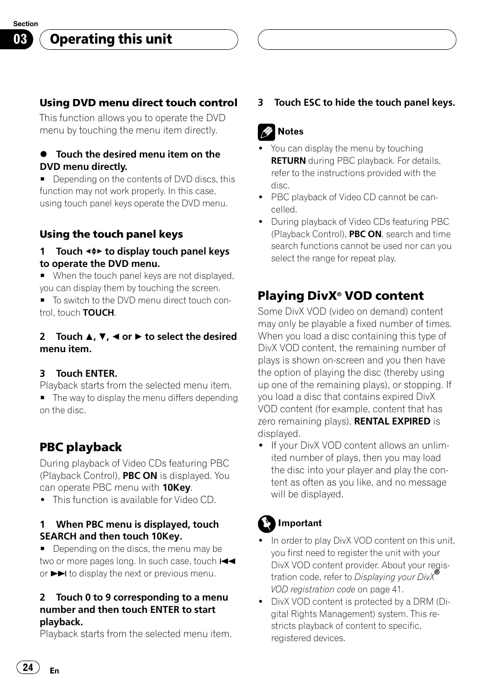 Pbc playback 24, Playing divx® vod content 24, Operating this unit | Pbc playback, Playing divx, Vod content | Pioneer AVH-P5900D User Manual | Page 24 / 106